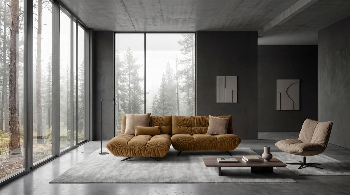 ECKSOFA Beigebraun Chenille Rücken echt, Sitztiefenverstellung  - Beigebraun/Schwarz, Design, Textil/Metall (178/295cm) - Belluti