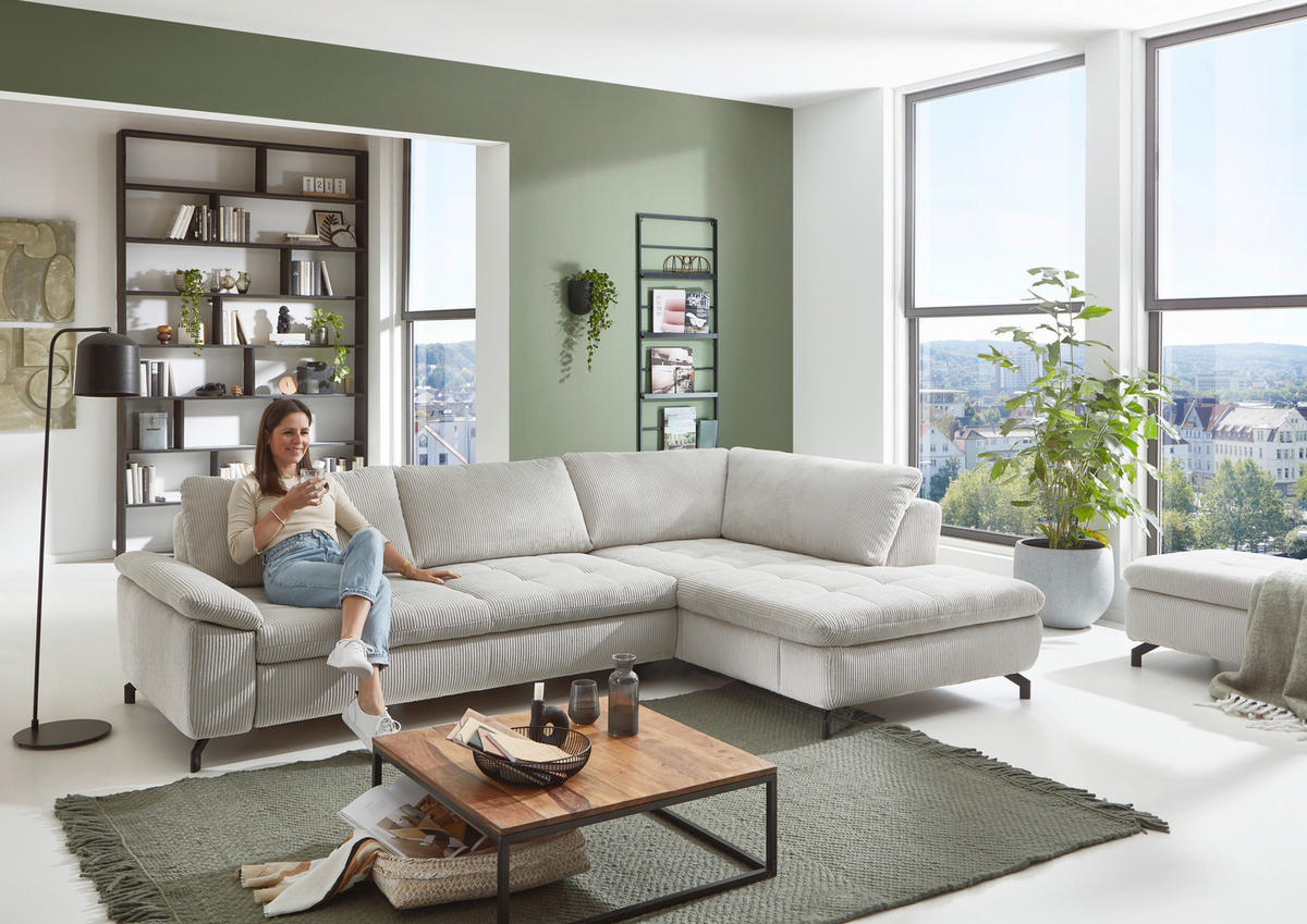 ECKSOFA in Cord, Velours Ecru  - Ecru/Schwarz, Design, Textil/Metall (291/197cm) - Beldomo Style