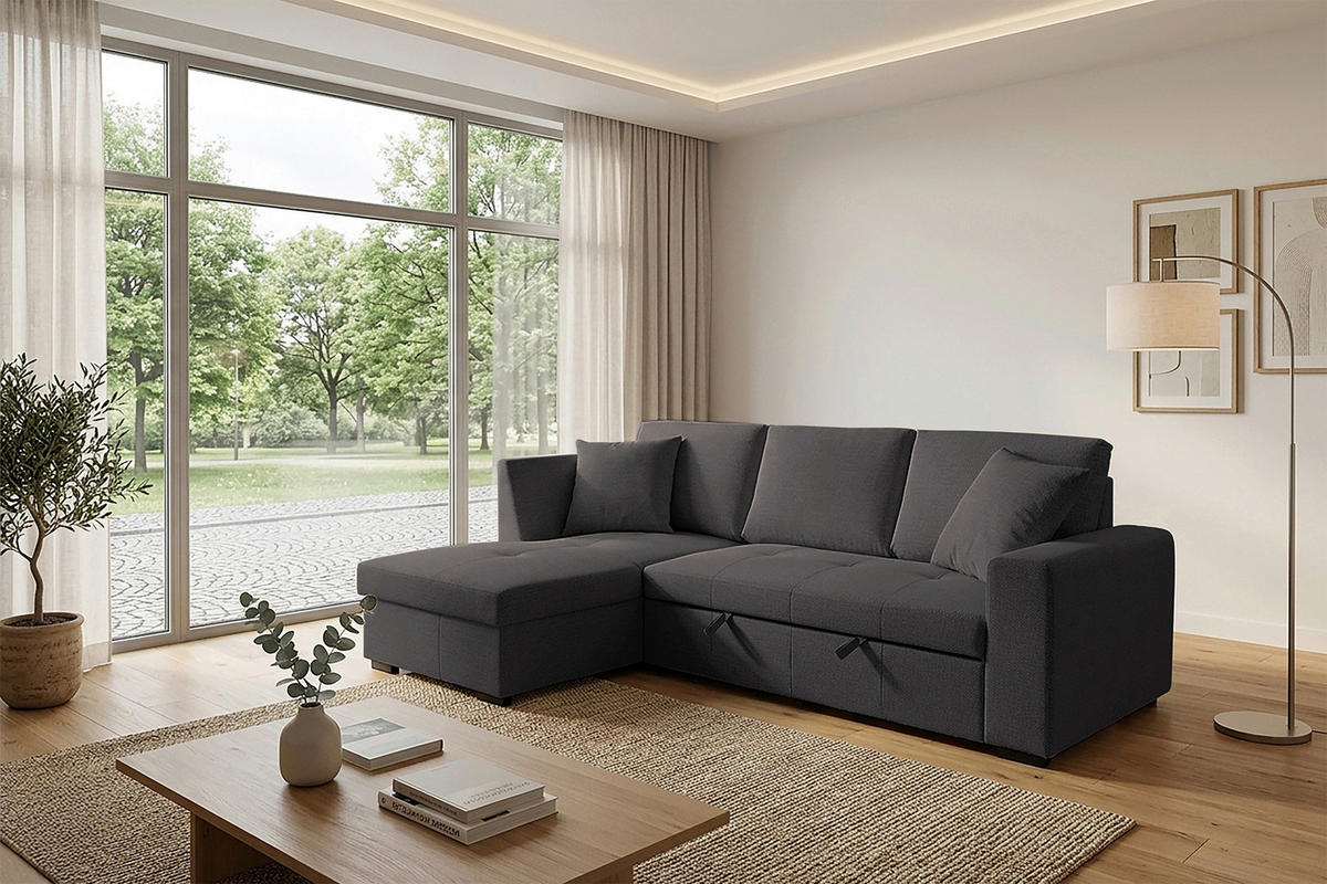 ECKSOFA LUKAS Dunkelbraun Struktur Zierkissen, Bettkasten  - Dunkelbraun, Trend, Textil (158/239cm) - P & B