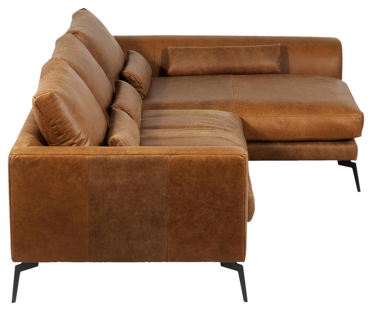 ECKSOFA in Echtleder Cognac  - Cognac/Schwarz, Design, Leder/Metall (313/172cm) - Livetastic