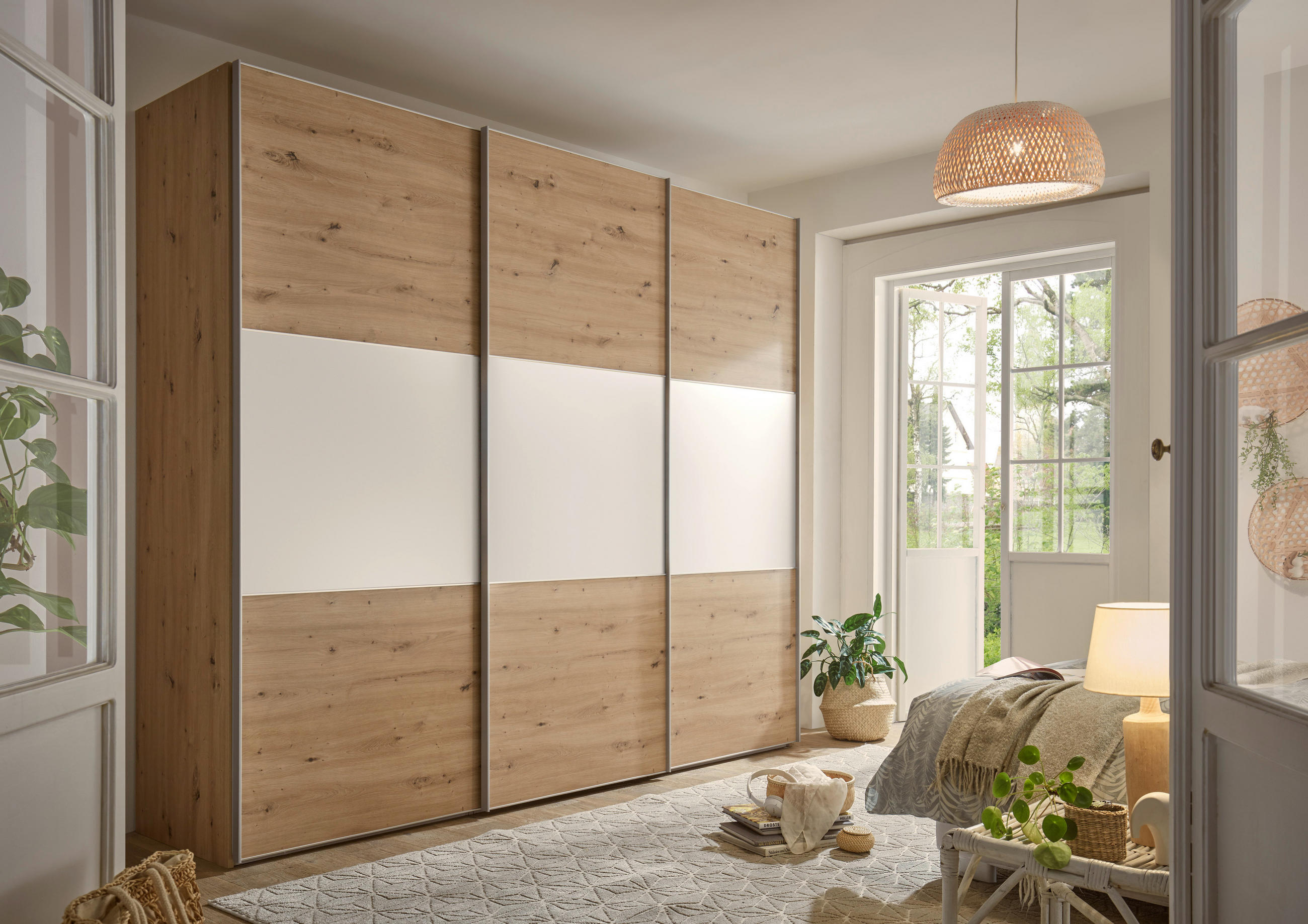 SCHWEBETÜRENSCHRANK  in Weiß, Eiche Artisan  - Alufarben/Eiche Artisan, Holzwerkstoff/Metall (280/222/68cm) - Moderano