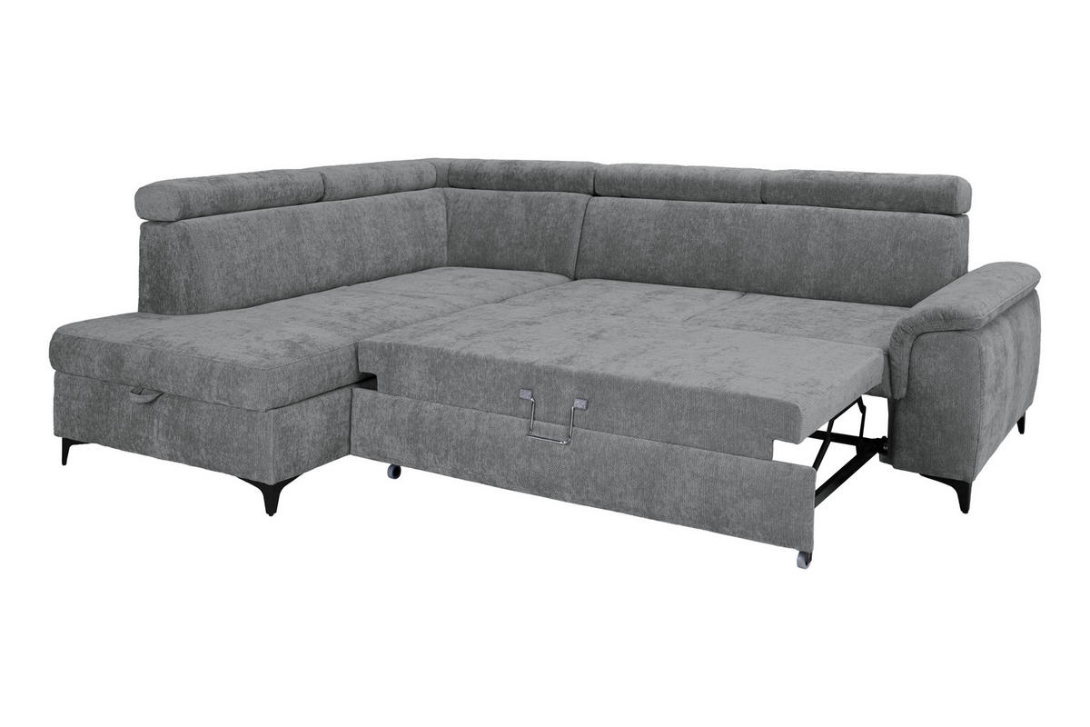 ECKSOFA Dunkelgrau Chenille Bettkasten, Schlaffunktion, Rücken echt, Kopfteilverstellung, Liegefläche im Originalstoff  - Dunkelgrau/Schwarz, KONVENTIONELL, Textil/Metall (206/265cm) - Carryhome
