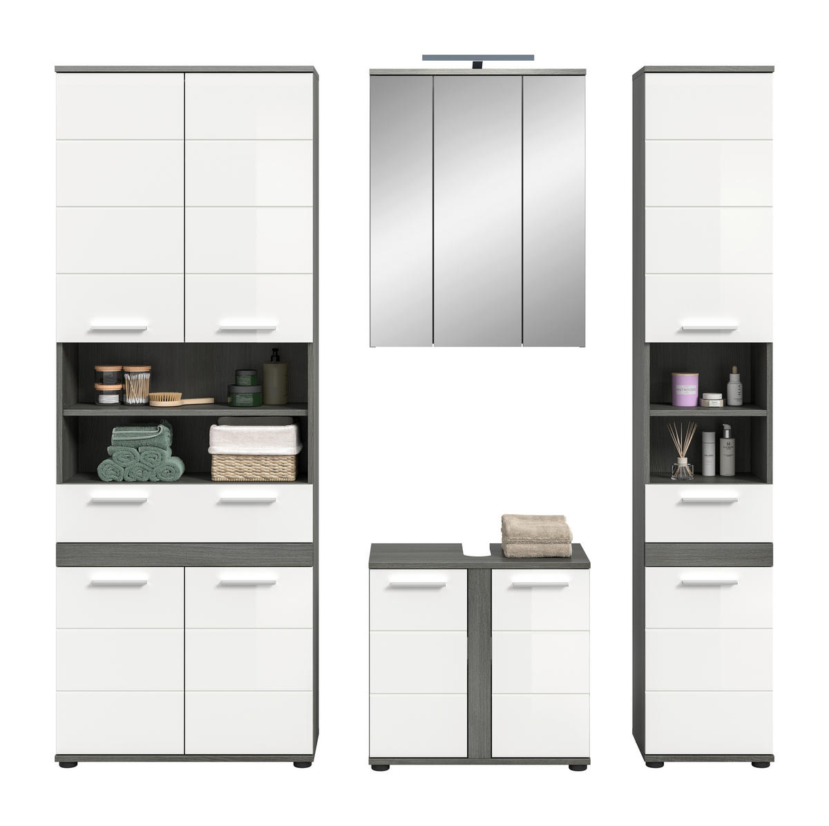 BADEZIMMER 5-teilig  in 195 cm  - Weiß Hochglanz/Silberfarben, Trend, Glas/Holzwerkstoff (195cm) - MID.YOU
