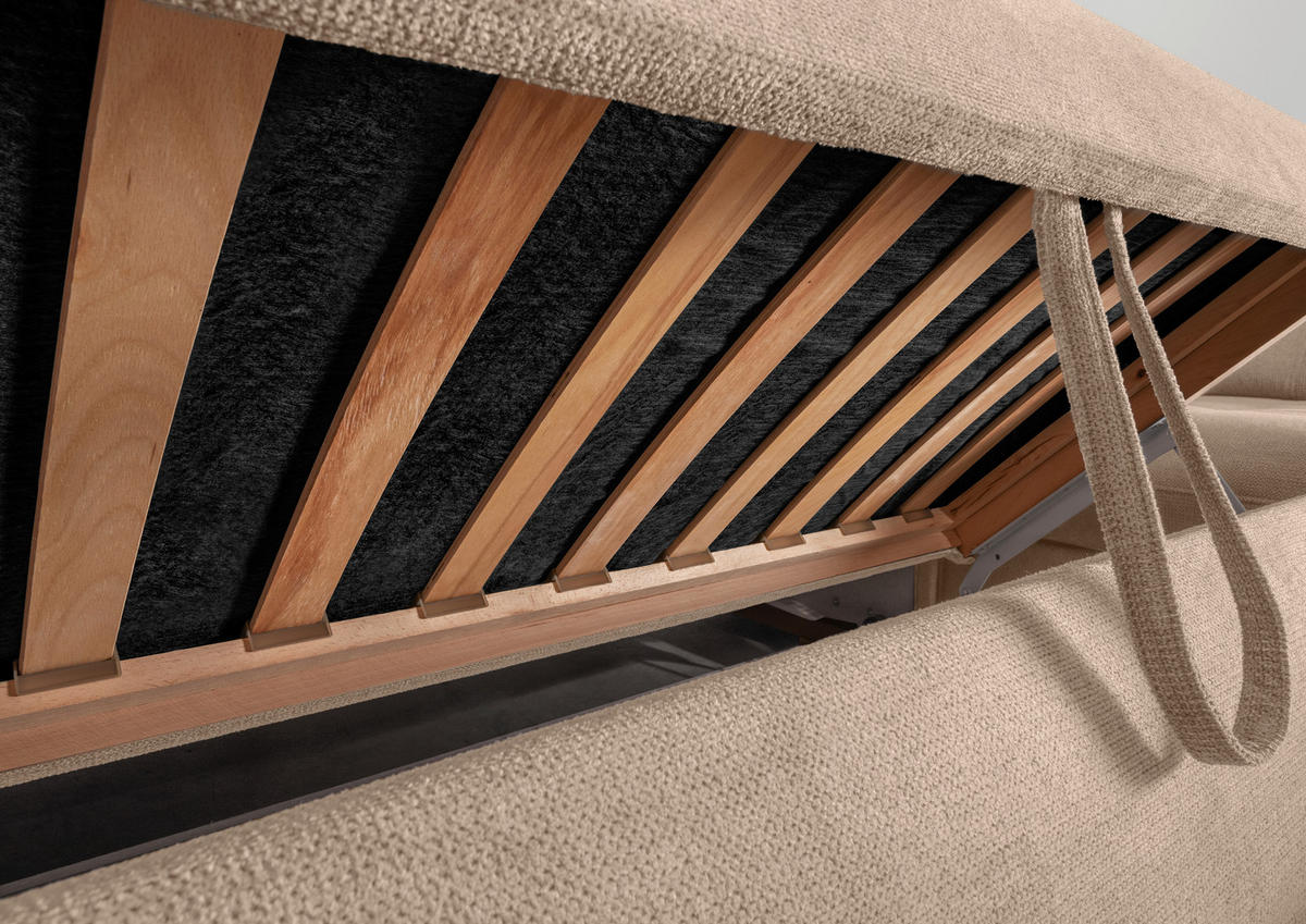 ECKSOFA RIGATTI Hellbraun Flachgewebe Kopfteilverstellung, Stauraum, Sitztiefenverstellung  - Chromfarben/Hellbraun, MODERN, Textil/Metall (254/308cm) - Livetastic