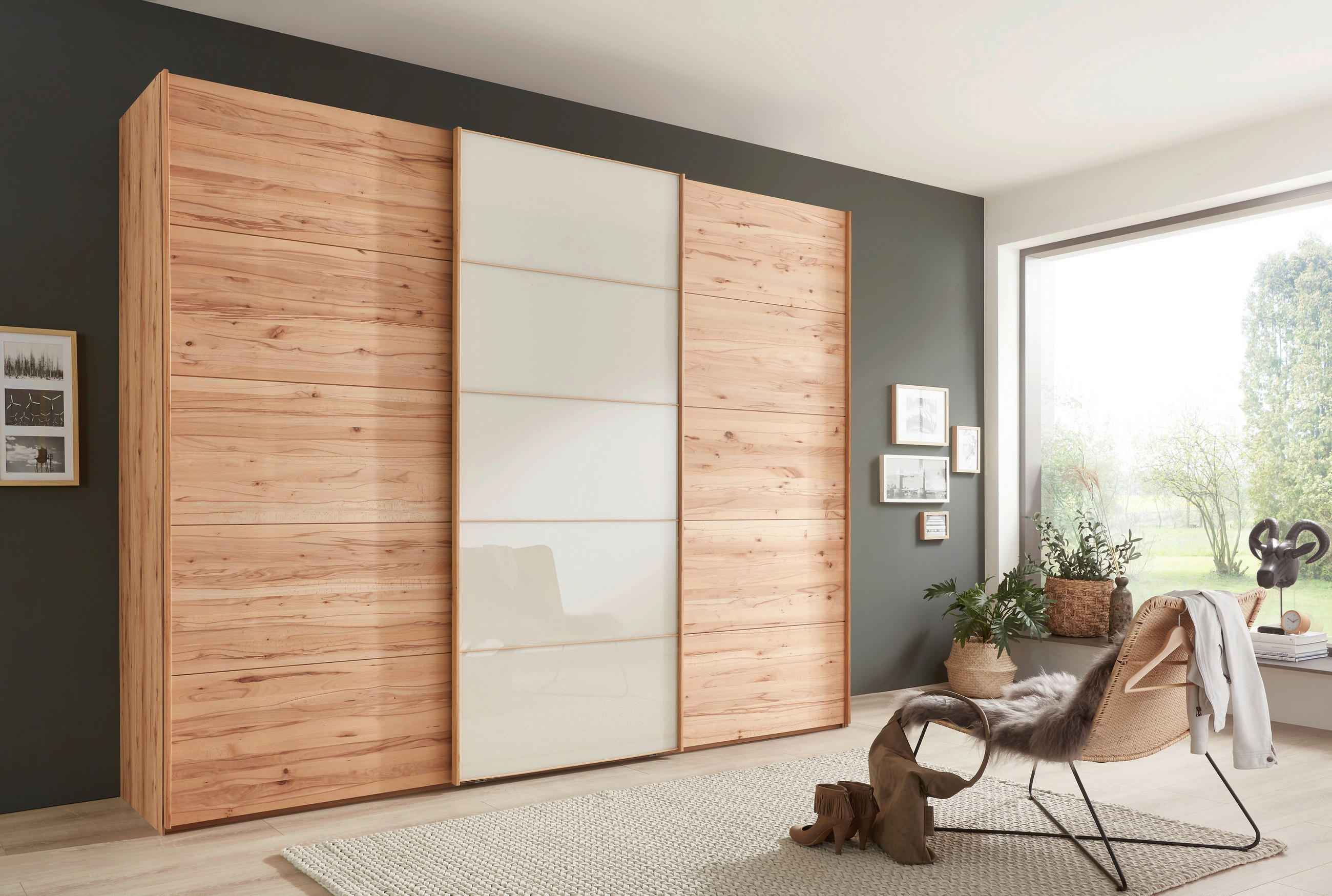 SCHWEBETÜRENSCHRANK 300/236/67 cm 3-türig Buchefarben, Champagner  - Champagner/Buchefarben, Natur, Glas/Holz (300/236/67cm) - Linea Natura