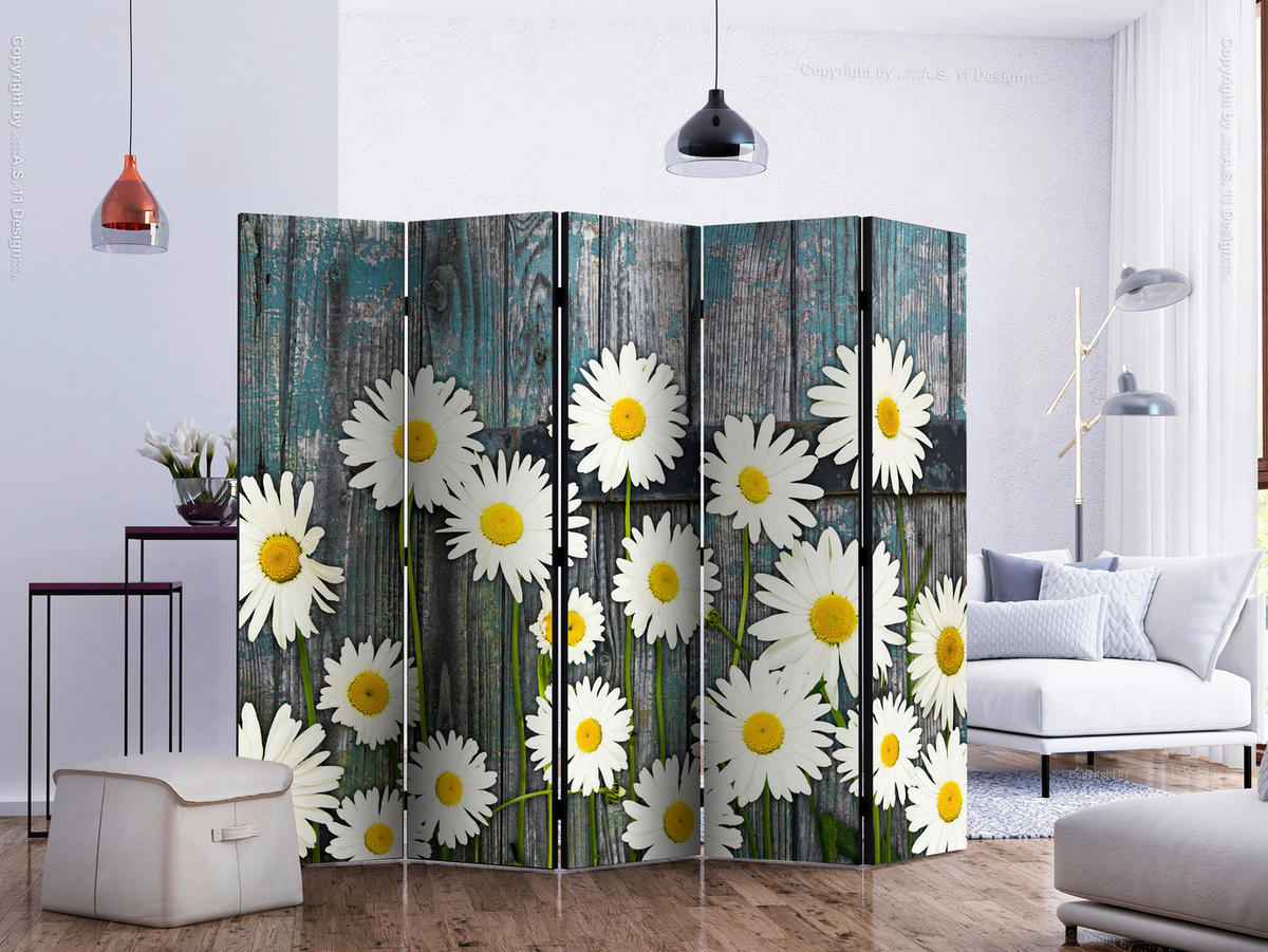 PARAVENT mit 5  Flügel - Weiß/Grau, Basics, Holz/Textil (225/172/3cm) - artgeist