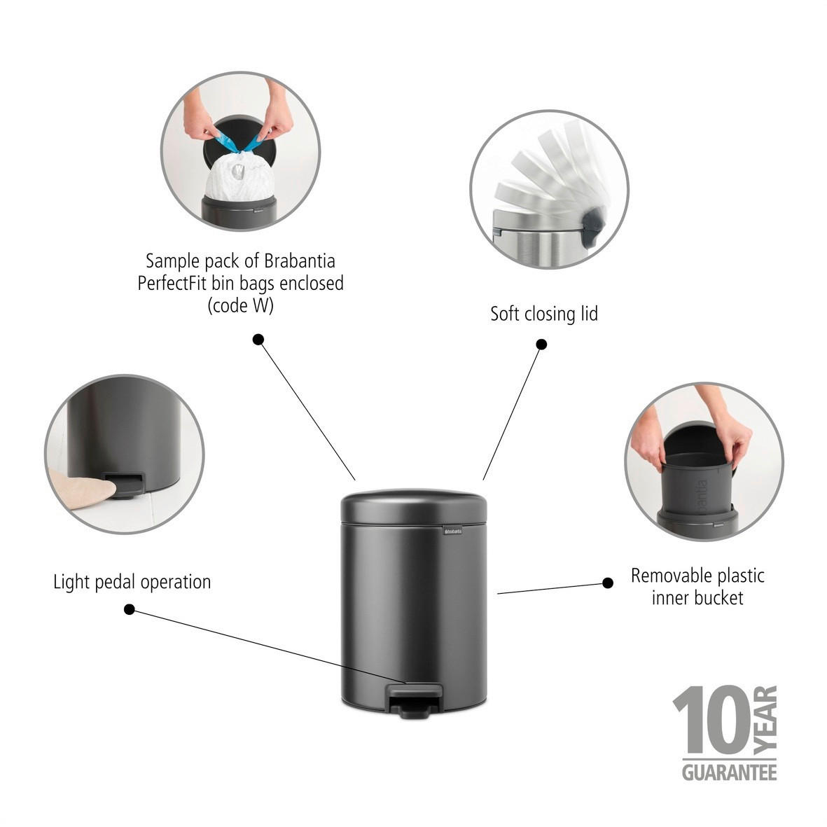 KANTA SA PAPUČICOM  5 l   - tamnosiva/antracit, Osnovno, metal/plastika (20.5/29.1/27.2cm) - Brabantia