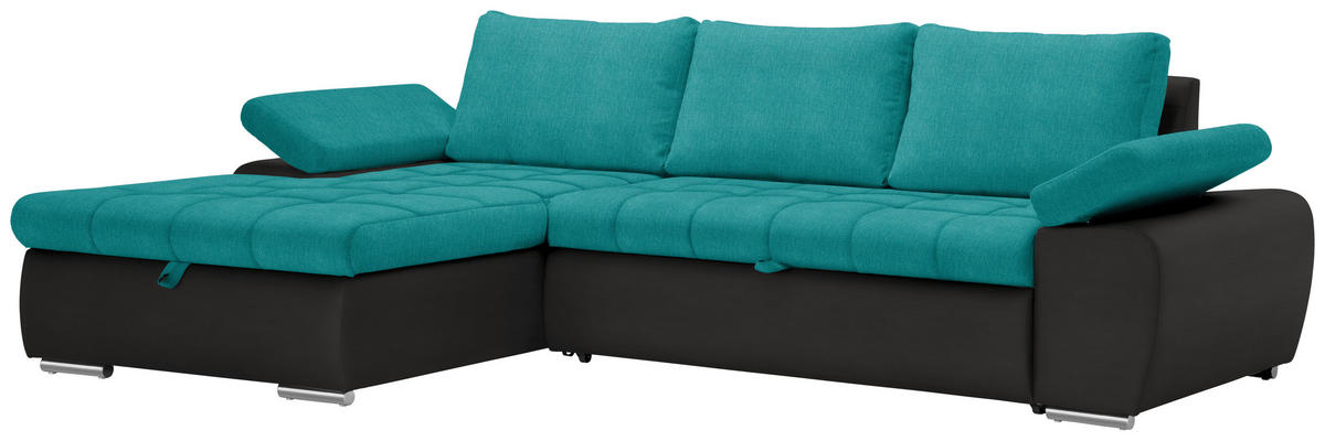 ECKSOFA in Flachgewebe Schwarz, Türkis  - Türkis/Schwarz, Design, Kunststoff/Textil (175/271cm) - MID.YOU