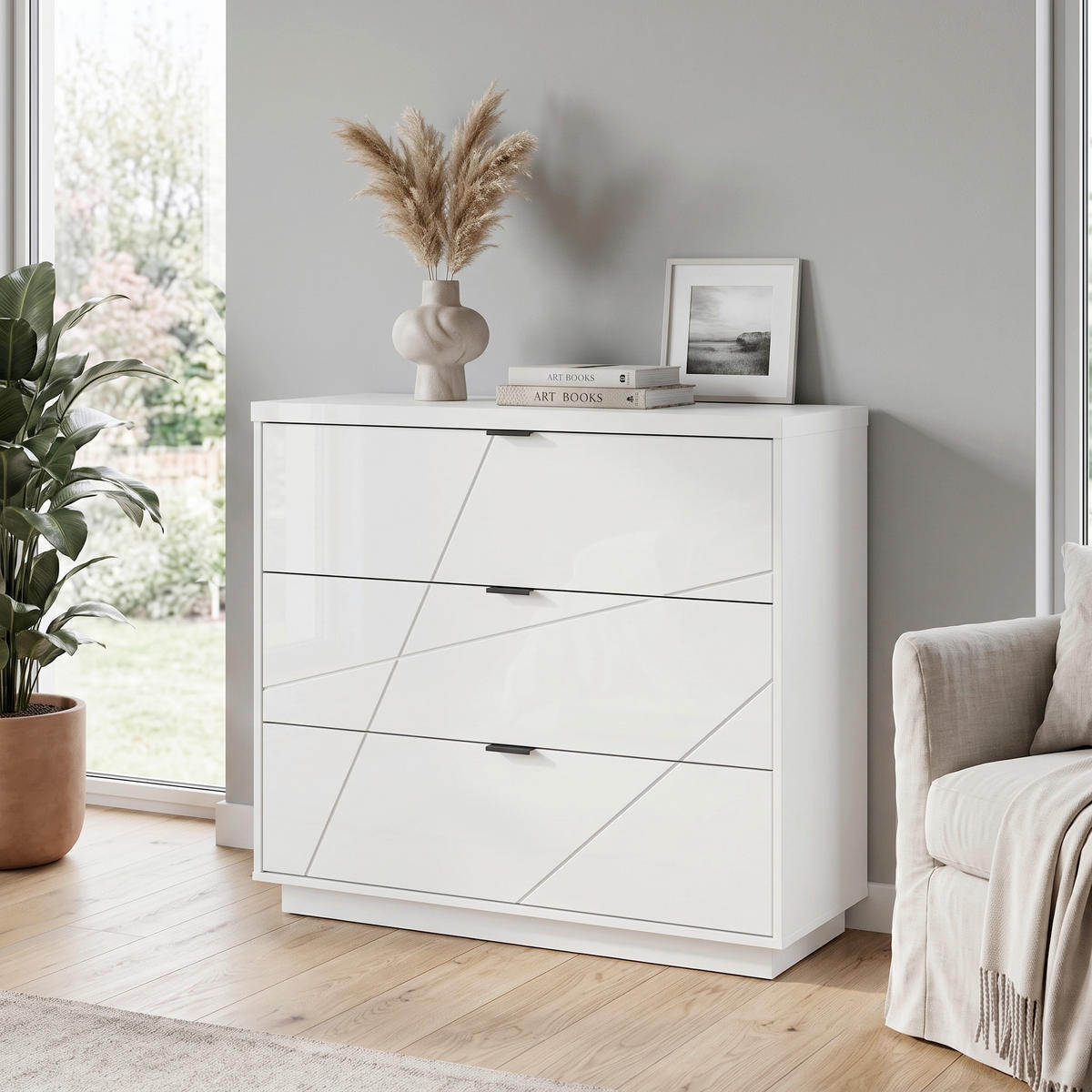 KOMMODE , 106/93/42,5 cm, 3 Schublade(n)  - Weiß Hochglanz/Schwarz, MODERN, Holzwerkstoff/Kunststoff (106/93/42,5cm) - Livetastic