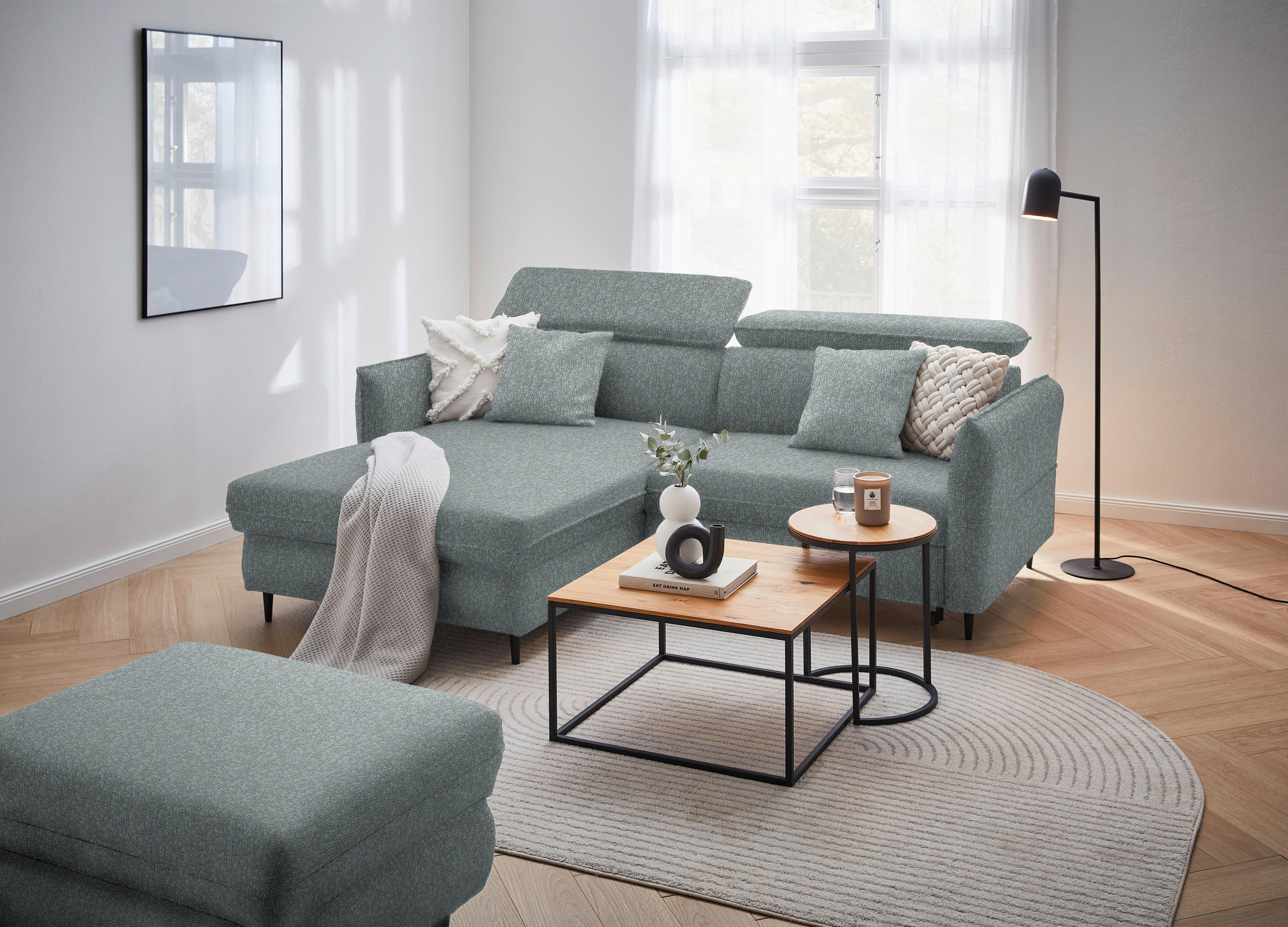 ECKSOFA inkl. Funktionen Petrol Struktur  - Petrol/Schwarz, Design, Holz/Textil (185/232cm) - Stylife