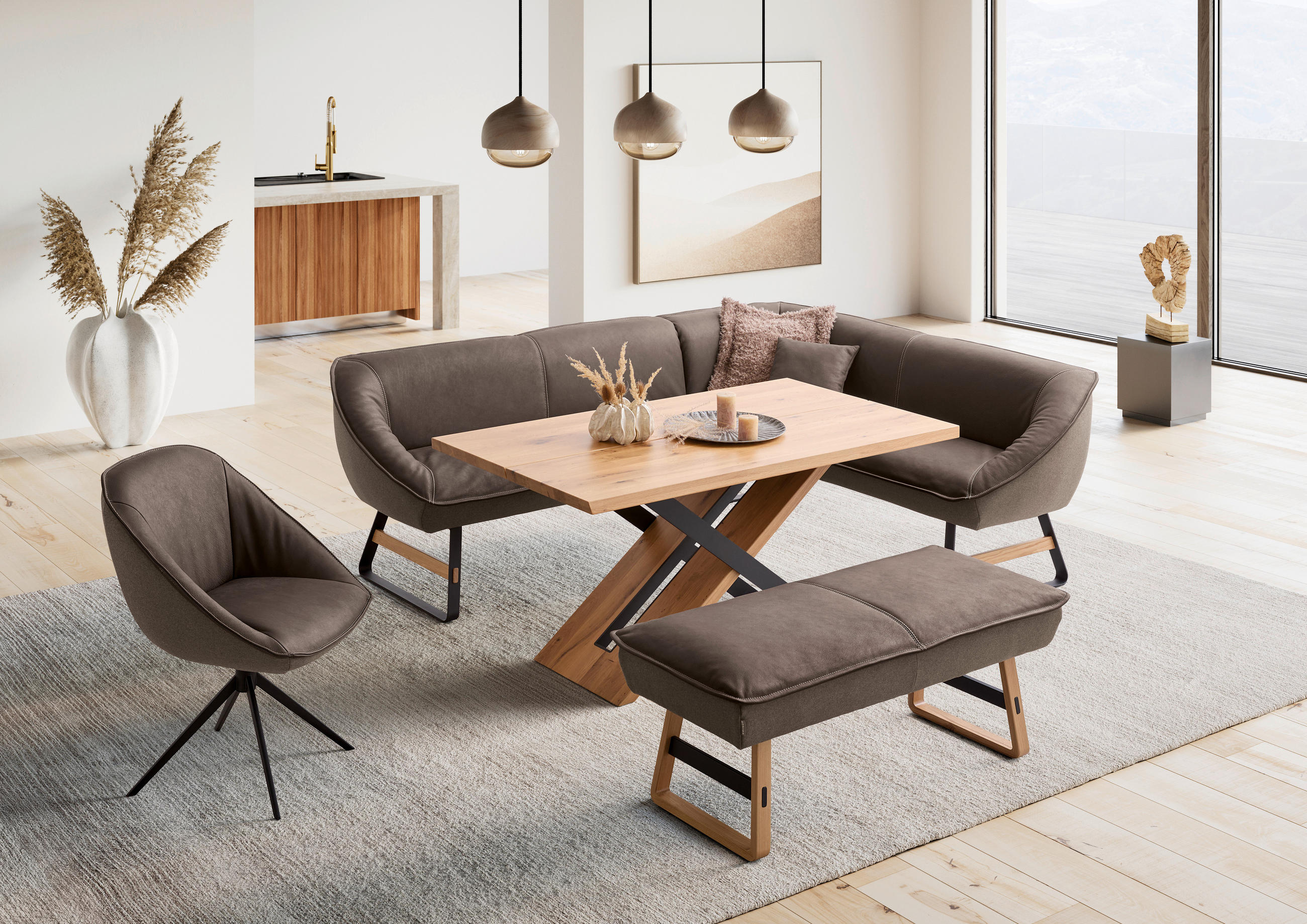 ECKBANK 244/192 cm Flachgewebe Echtleder Braun Holz, Metall   - Beige/Schwarz, Design, Leder/Holz (244/192cm) - Koinor