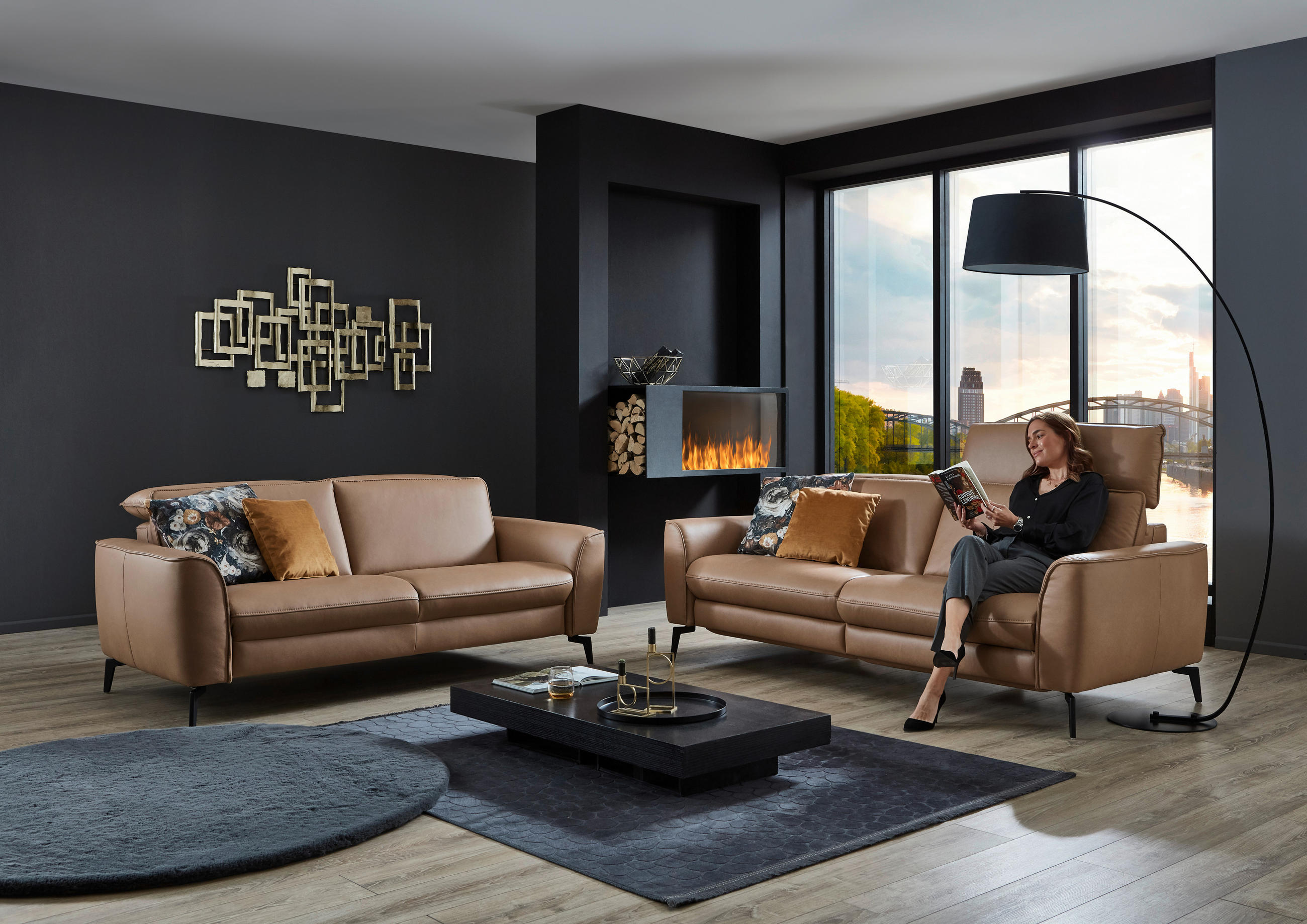 3-SITZER-SOFA in Echtleder Haselnussfarben  - Schwarz/Haselnussfarben, Natur, Leder/Metall (222/81/110cm) - Valdera