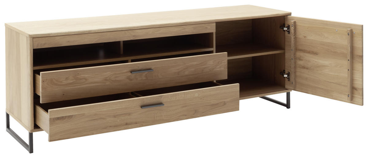 MEDIABÄNK i faner, massiv kvistek ekfärgad  - svart/ekfärgad, Design, metall/trämaterial (184/67/50cm) - Livetastic