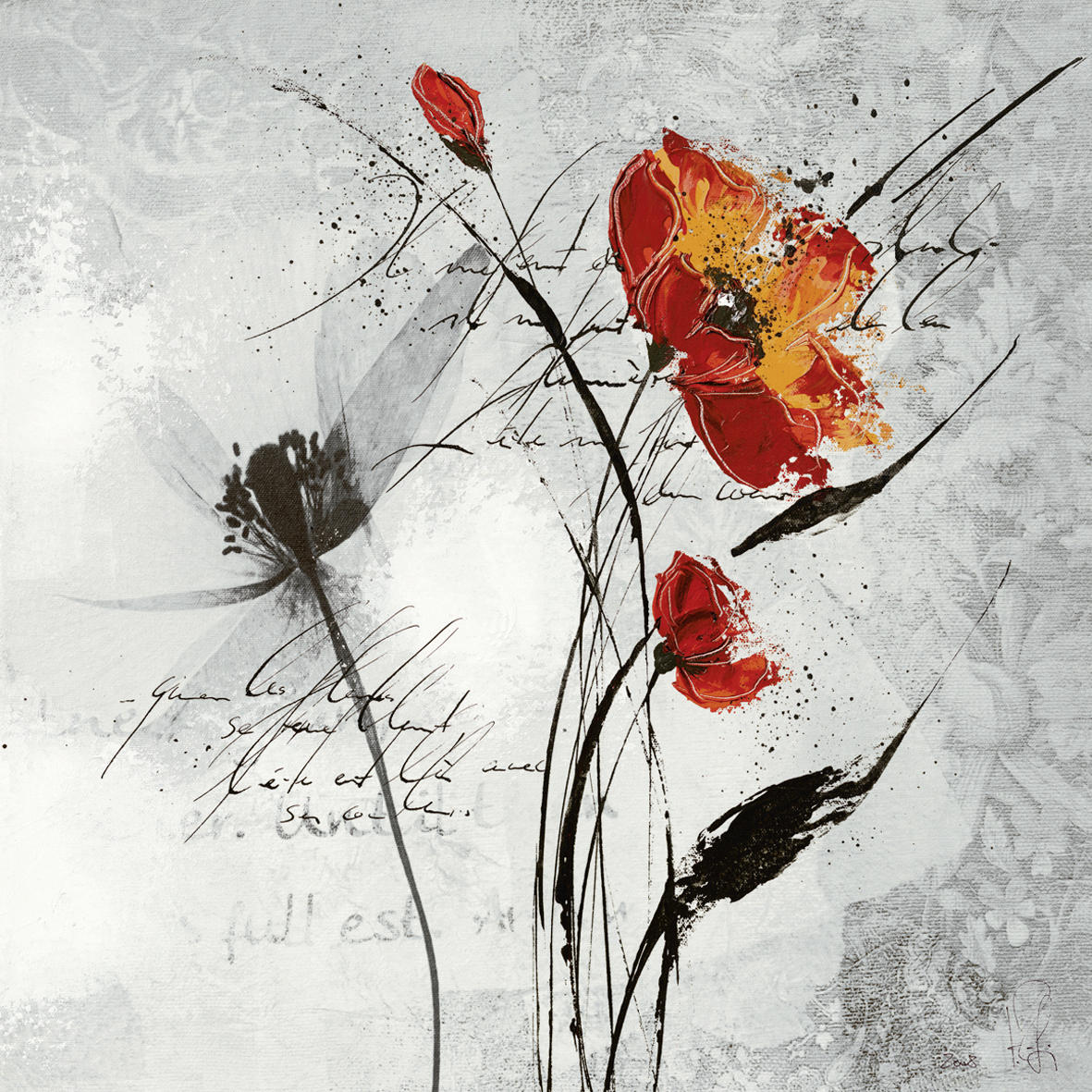 KUNSTDRUCK Isabelle Zacher-Finet Blumen Petite aventure fleurie II  - Rot/Schwarz, Basics, Papier (30/30cm) - Monee