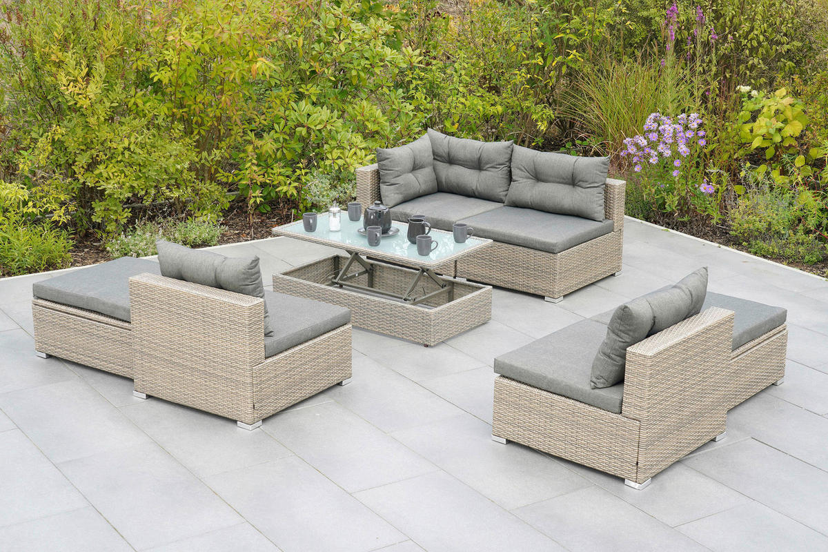 LOUNGEGARNITUR 7-teilig   Stahl  - Naturfarben/Grau, MODERN, Glas/Kunststoff - Gardenson