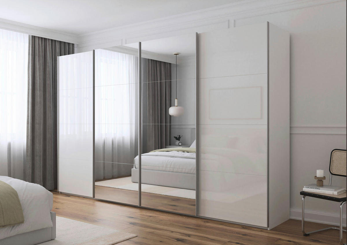 SCHWEBETÜRENSCHRANK 360/236/68 cm 4-türig Weiß, Weiß Hochglanz  - Weiß Hochglanz/Alufarben, Basics, Glas/Holzwerkstoff (360/236/68cm) - Novel