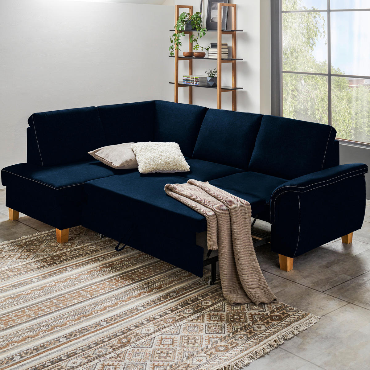 ECKSOFA in Flachgewebe Dunkelblau  - Eichefarben/Dunkelblau, Design, Holz/Textil (185/253cm) - Cantus
