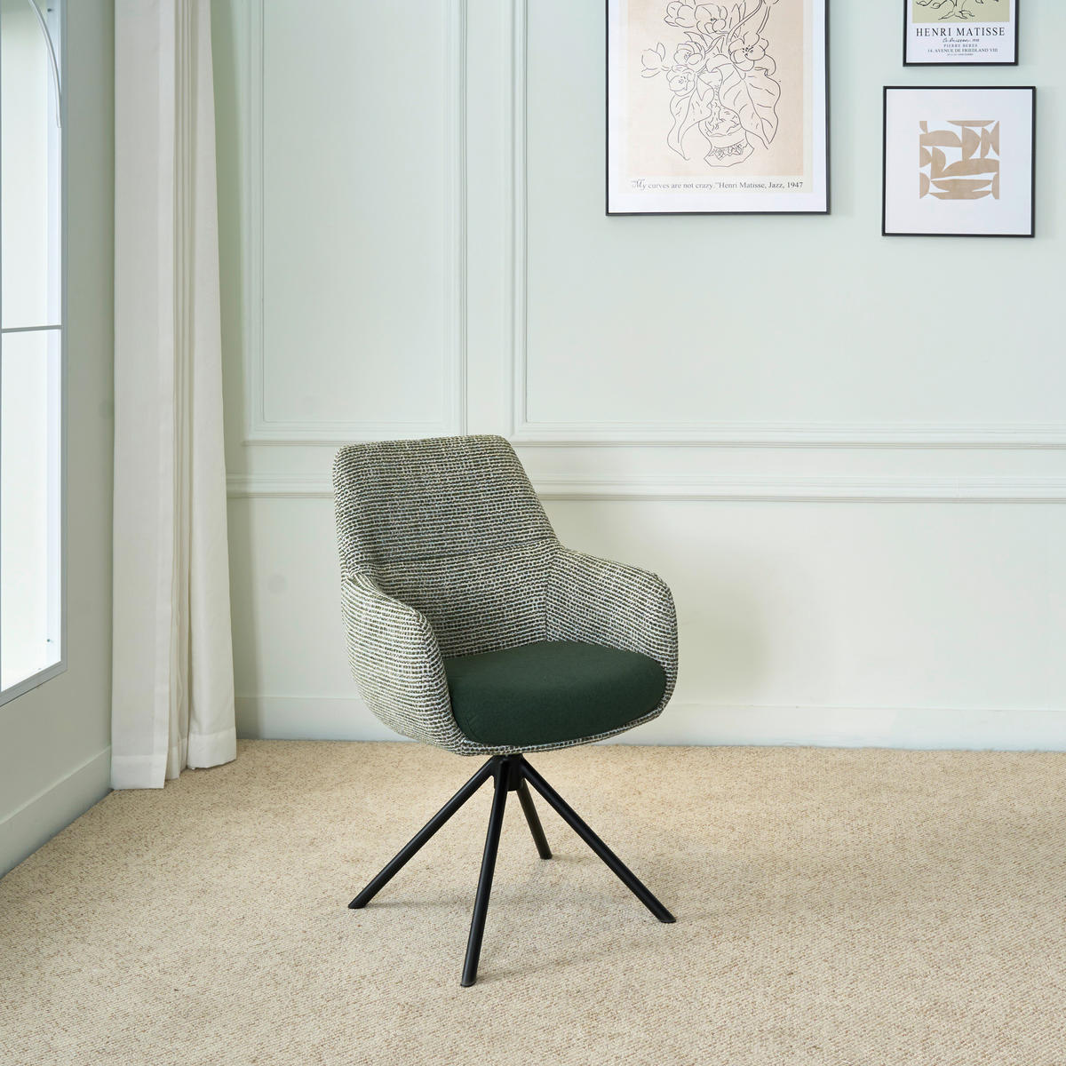 ARMLEHNSTUHL  Stoffauswahl, Sitzfläche 360° drehbar Webstoff  - Schwarz/Grün, Design, Textil/Metall (59/91/69cm) - Novel