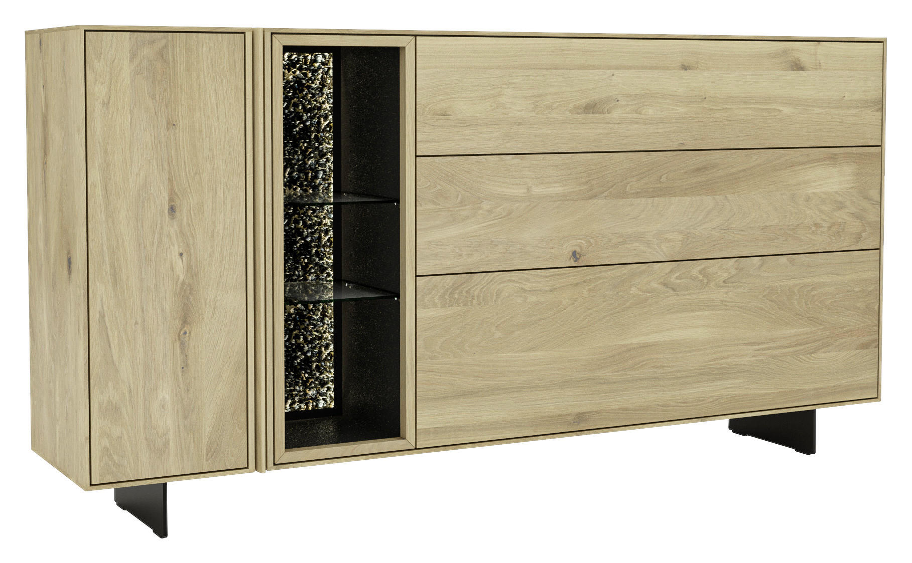 SIDEBOARD Eichefarben  189/97/41 cm  - Eichefarben/Schwarz, Natur, Glas/Leder (189/97/41cm) - Cassando
