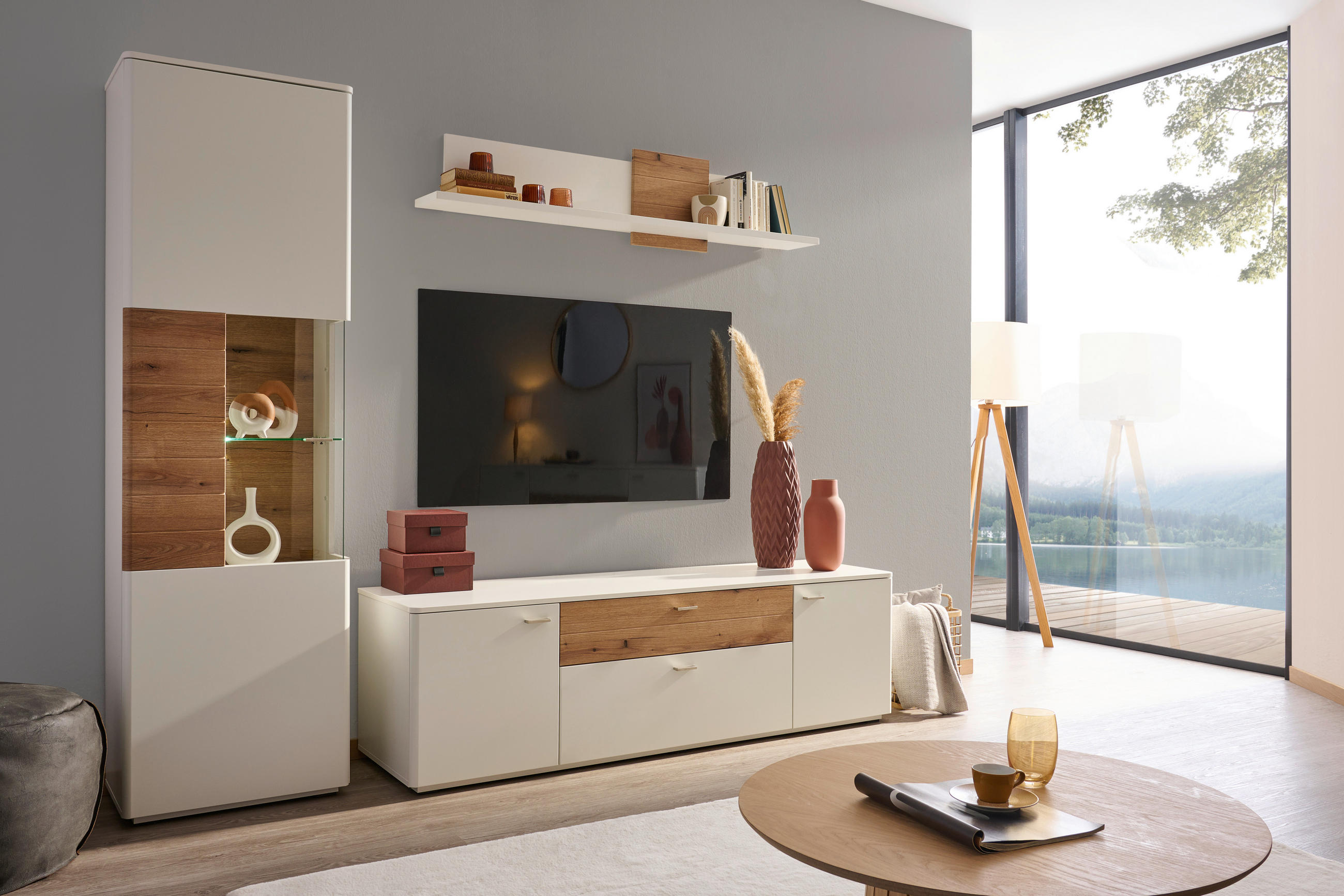 VITRINE in Weiß, Eichefarben  - Eichefarben/Schwarz, Design, Glas/Holzwerkstoff (60/200/38cm) - Stylife