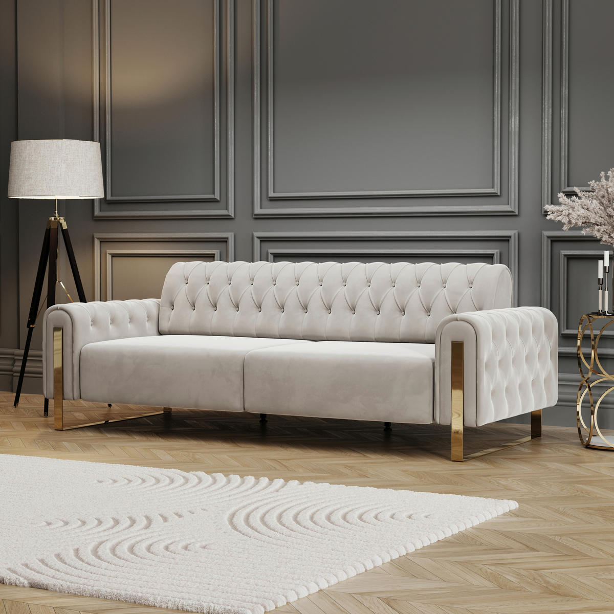 3-SITZER-SOFA Velours Beige  - Beige/Goldfarben, KONVENTIONELL, Textil/Metall (264/90/97cm) - Carryhome