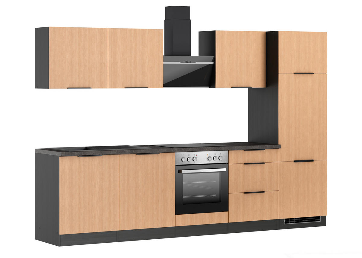 KÜCHENBLOCK 300 cm   in Graphitfarben, Eichefarben  - Eichefarben/Schwarz, Lifestyle, Holzwerkstoff/Metall (300cm) - Held