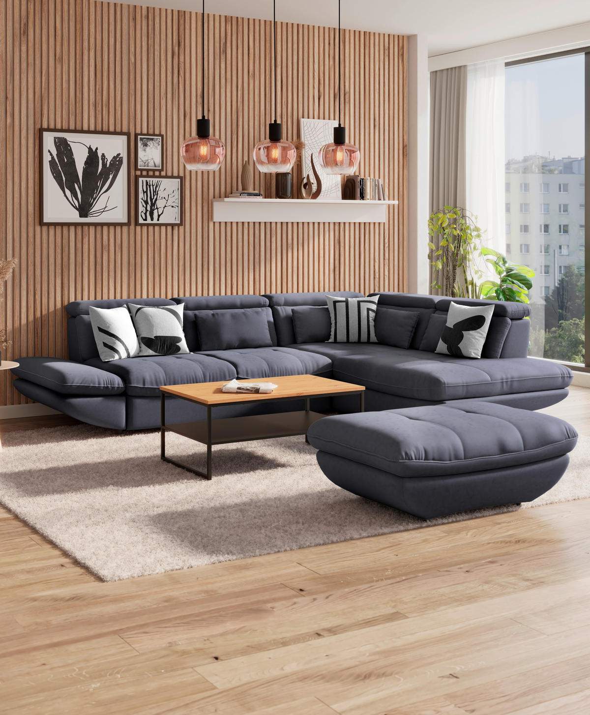 WOHNLANDSCHAFT in Webstoff Dunkelblau  - Schwarz/Dunkelblau, Modern, Kunststoff/Textil (233/311cm) - MID.YOU