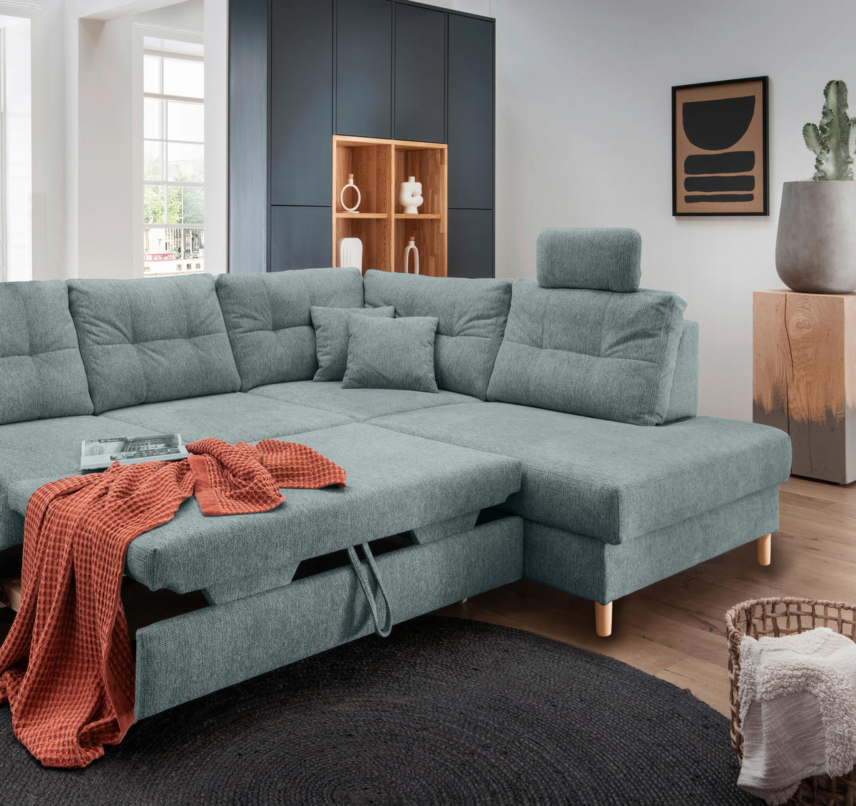 ECKSOFA in Chenille Blau  - Blau/Naturfarben, Modern, Holz/Textil (264/206cm) - Livetastic