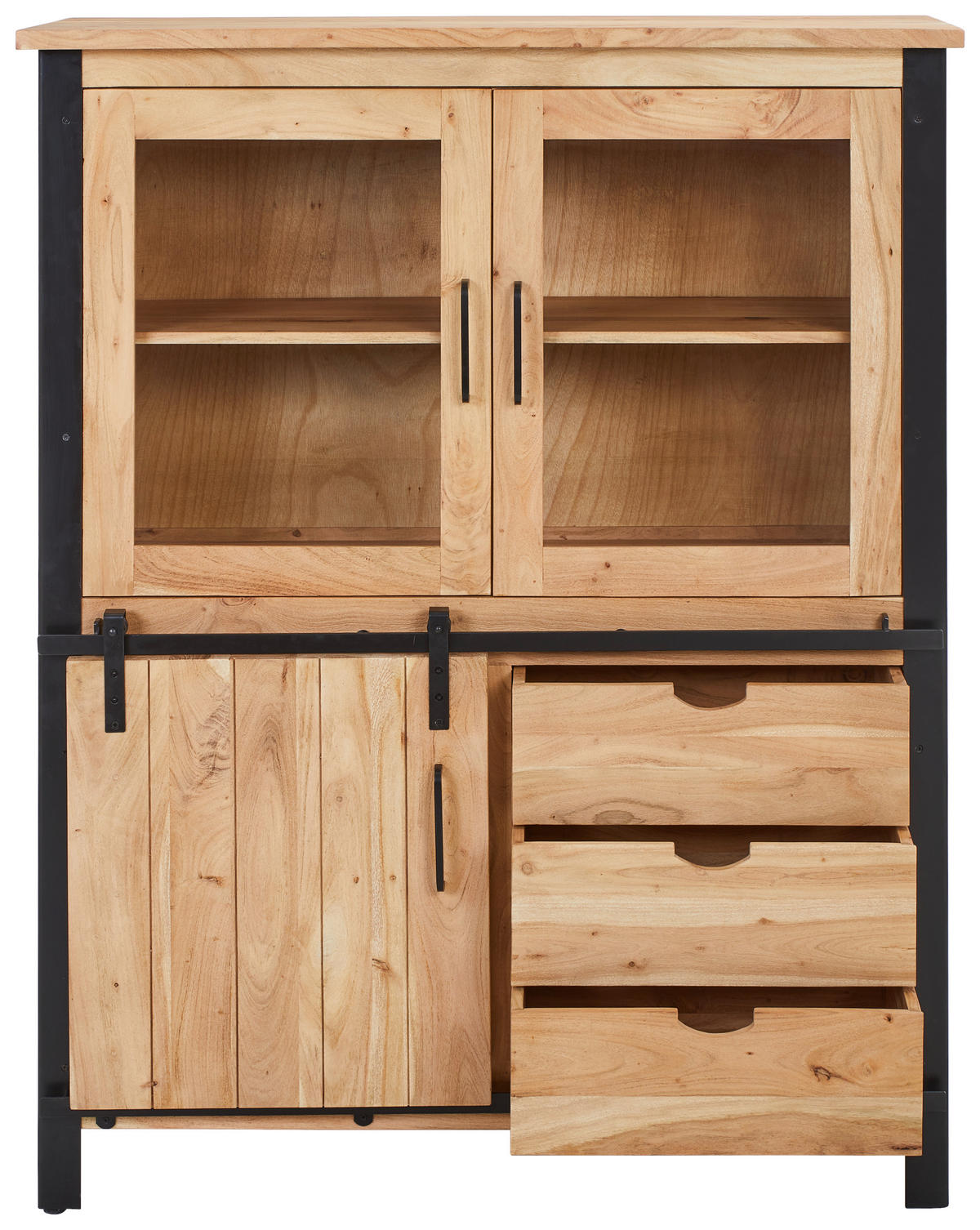 VITRINE  in massiv Akazie Hellbraun, Schwarz  - Hellbraun/Schwarz, MODERN, Glas/Holz (120/150/42cm) - MID.YOU