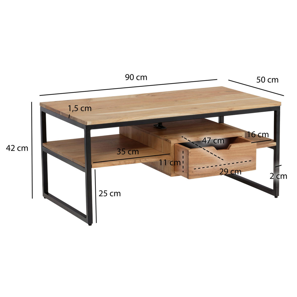 COUCHTISCH in Holz 90/50/42 cm  - Schwarz/Akaziefarben, Design, Holz/Metall (90/50/42cm) - MID.YOU