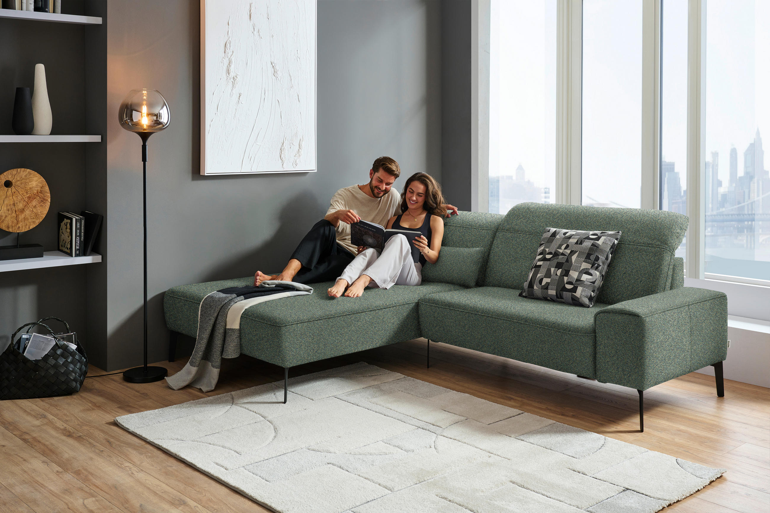 ECKSOFA in Mikrofaser Dunkelgrün  - Dunkelgrün/Schwarz, Design, Textil/Metall (203/266cm) - Johann Jakob