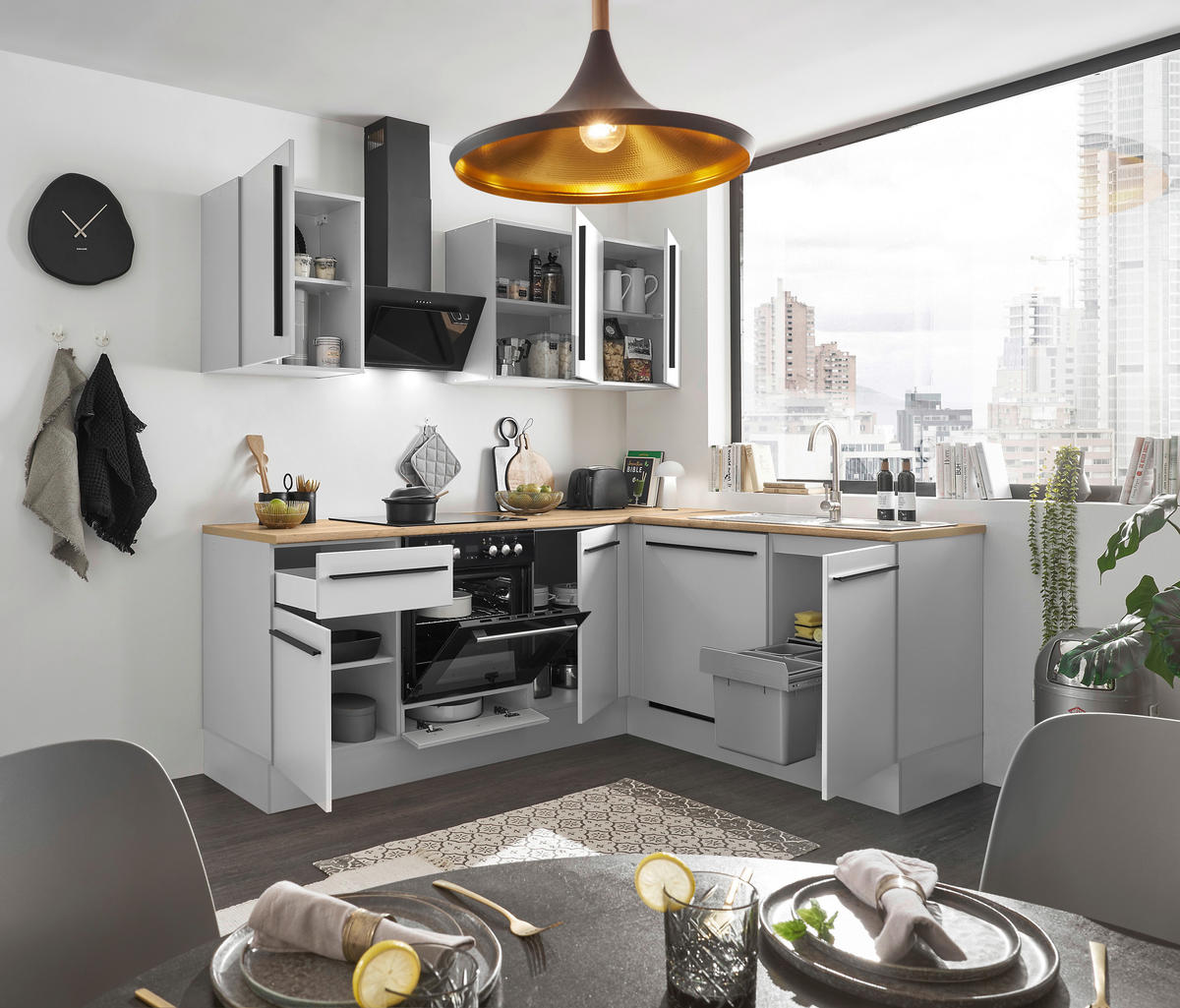 ECKKÜCHE 220/175 cm  in Weiß, Eichefarben  - Eichefarben/Schwarz, Design, Holzwerkstoff/Kunststoff (220/175cm) - MID.YOU