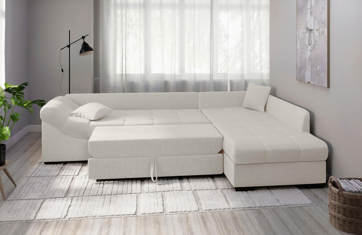 ECKSCHLAFSOFA in Weiss Textil   - Weiss/Schwarz, Modern, Holz/Textil (298/202cm) - MID.YOU