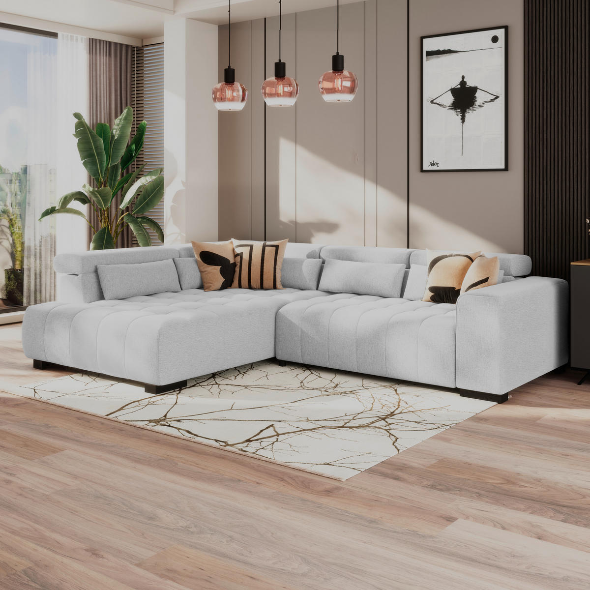 ECKSOFA MATERA Hellgrau Chenille, Struktur Nierenkissen, Kopfteilverstellung, Sitzvorzug  - Hellgrau/Schwarz, Trend, Holz/Textil (226/311cm) - MID.YOU