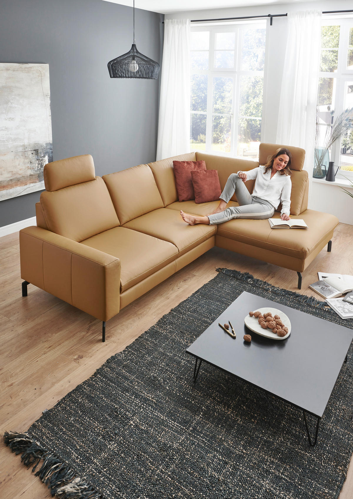 ECKSOFA in Echtleder Currygelb  - Currygelb/Schwarz, Design, Leder/Metall (194/250cm) - Beldomo Premium