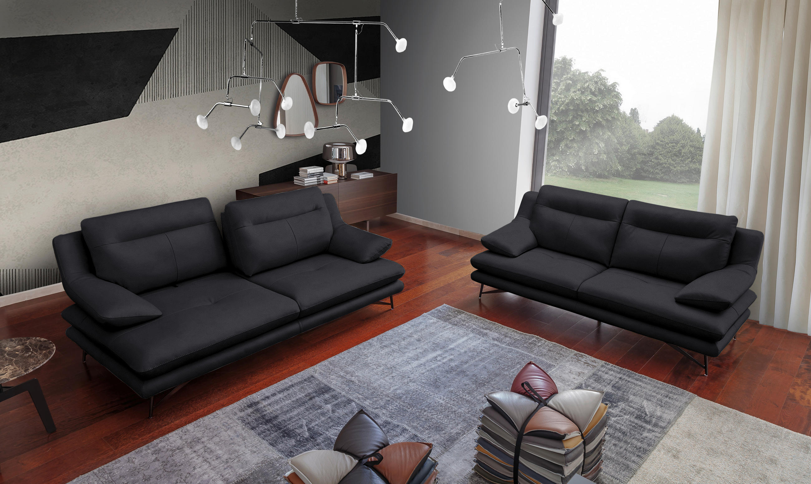 3-SITZER-SOFA in Leder Dunkelblau  - Dunkelblau, Design, Leder/Metall (215/90/109cm)
