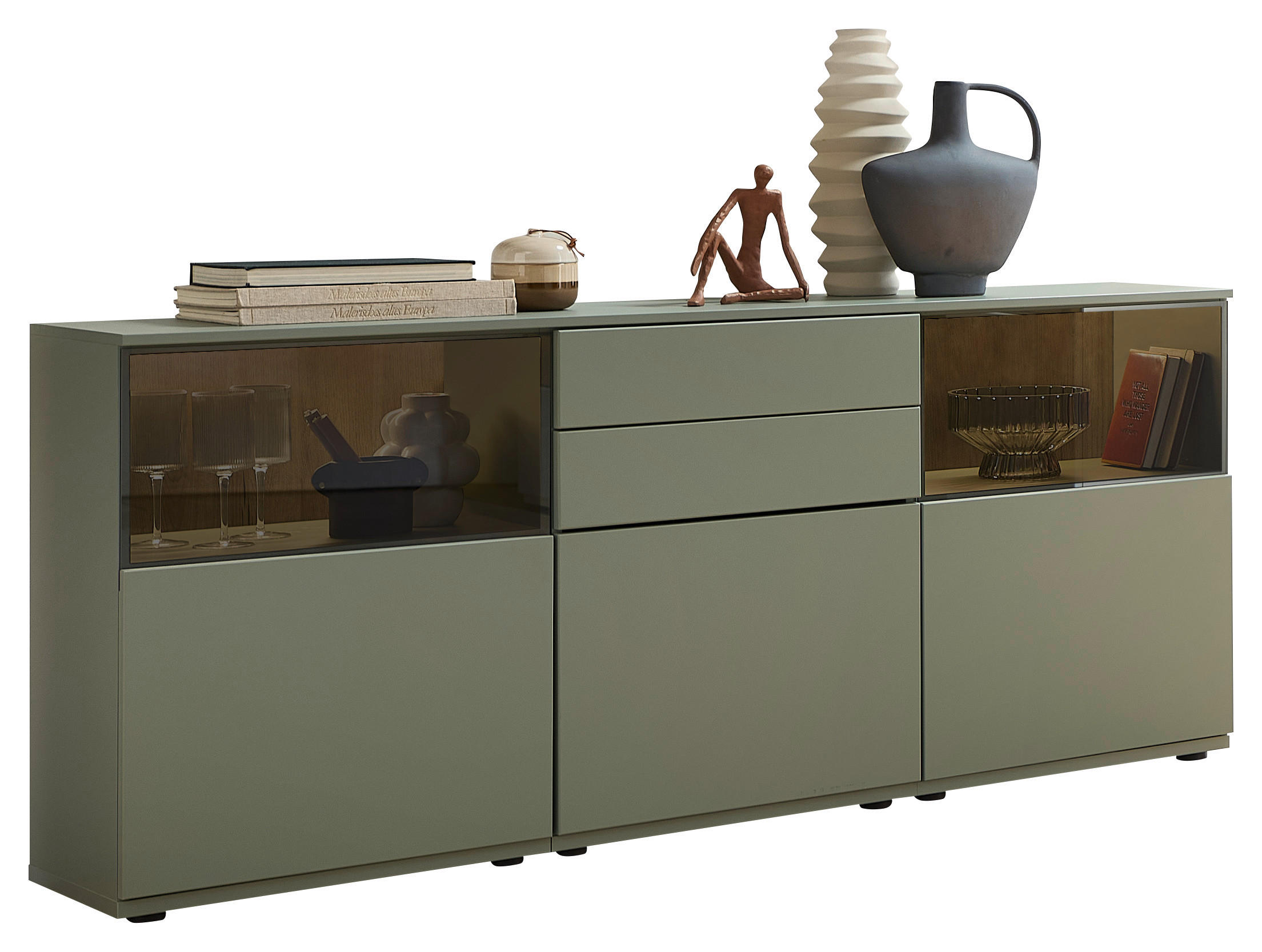 SIDEBOARD Eichefarben, Schilfgrün  180/85/40 cm  - Schilfgrün/Eichefarben, KONVENTIONELL, Glas/Holzwerkstoff (180/85/40cm) - Venda