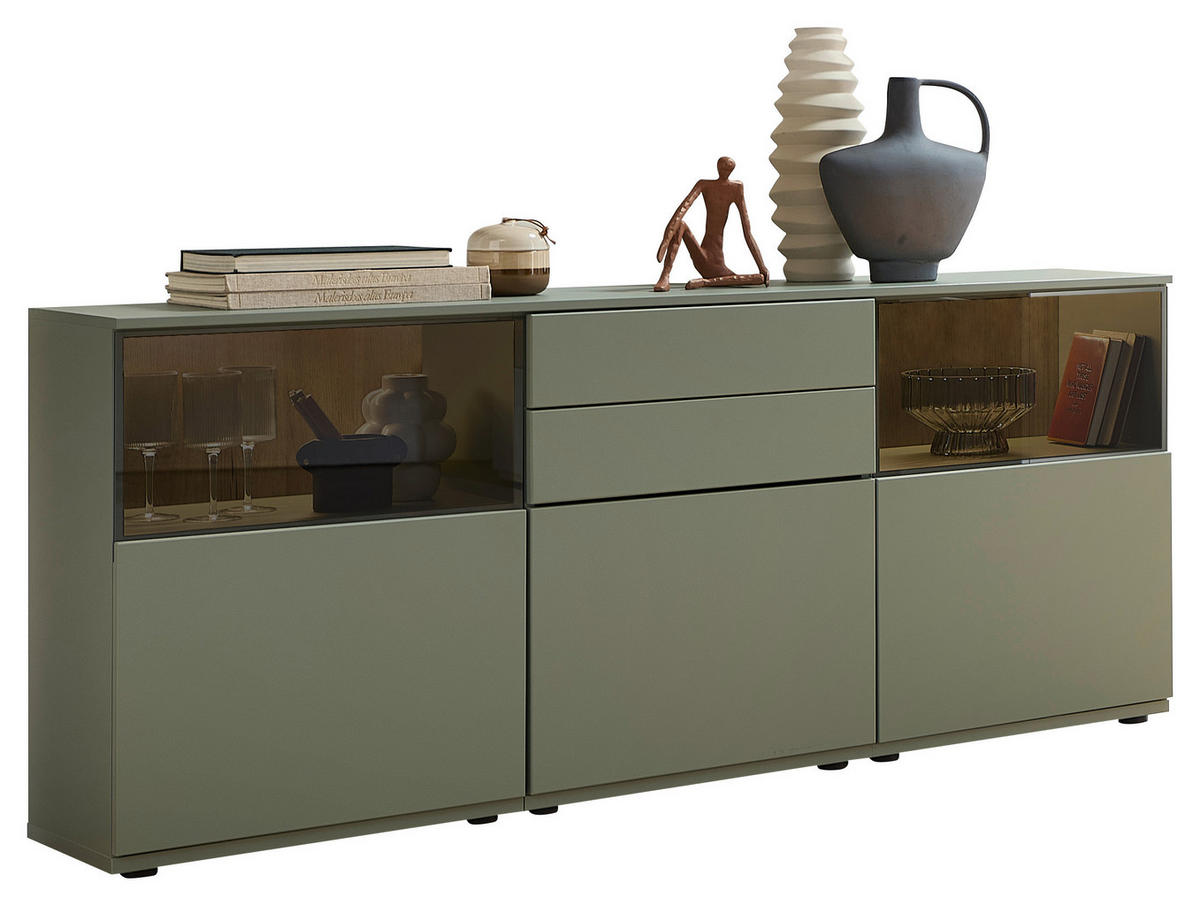 SIDEBOARD Eichefarben, Schilfgrün  180/85/40 cm  - Schilfgrün/Eichefarben, KONVENTIONELL, Glas/Holzwerkstoff (180/85/40cm) - Venda