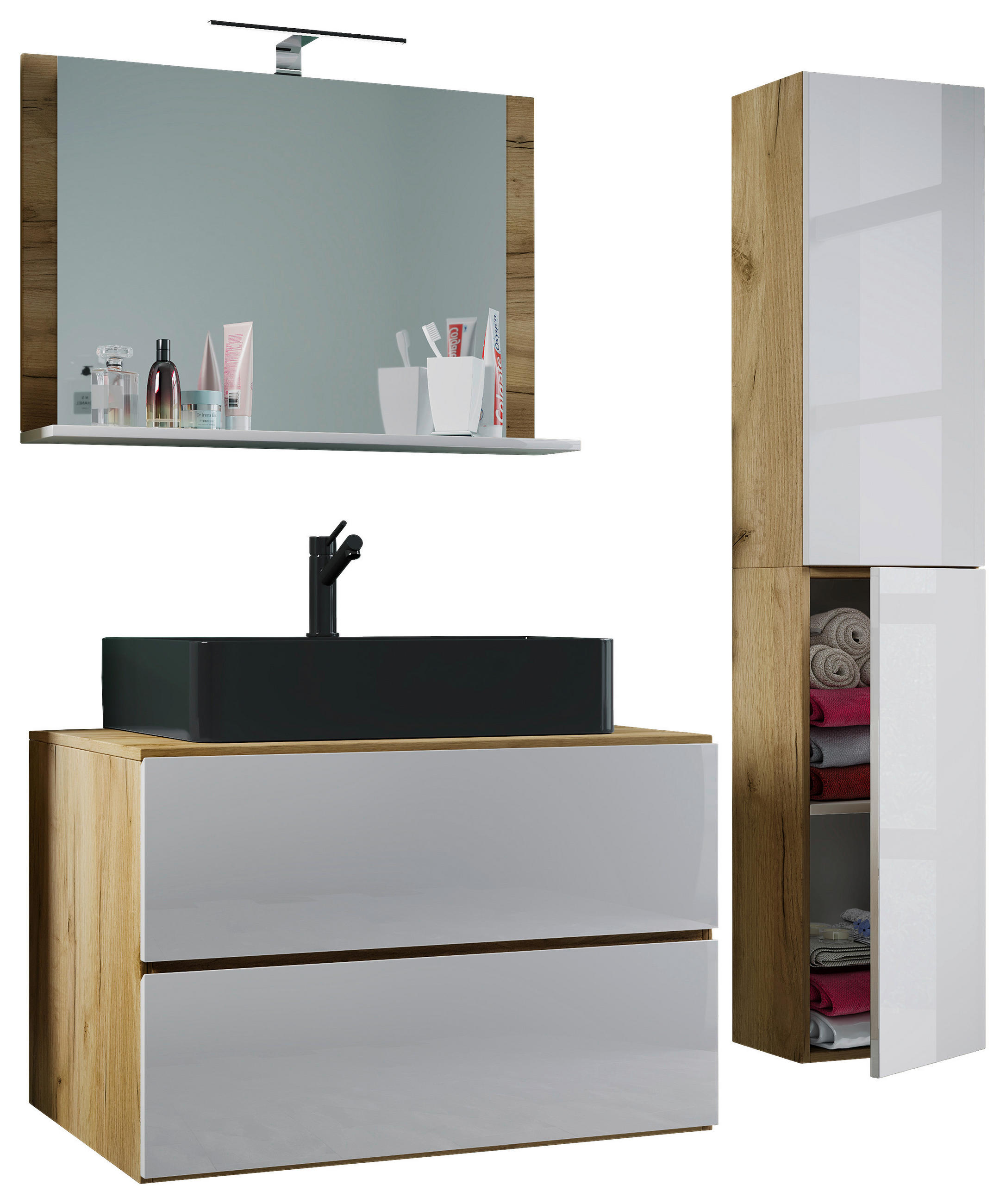 BADEZIMMER 4-teilig  in 114 cm  - Honigeiche/Schwarz, MODERN, Glas/Keramik (114cm) - MID.YOU