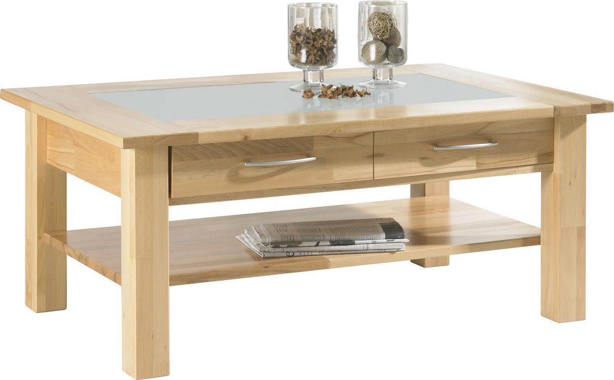 COUCHTISCH Kernbuche vollmassiv Milchglas 110/70/45 cm rechteckig Buchefarben  - Buchefarben, Design, Glas/Holz (110/70/45cm) - Linea Natura