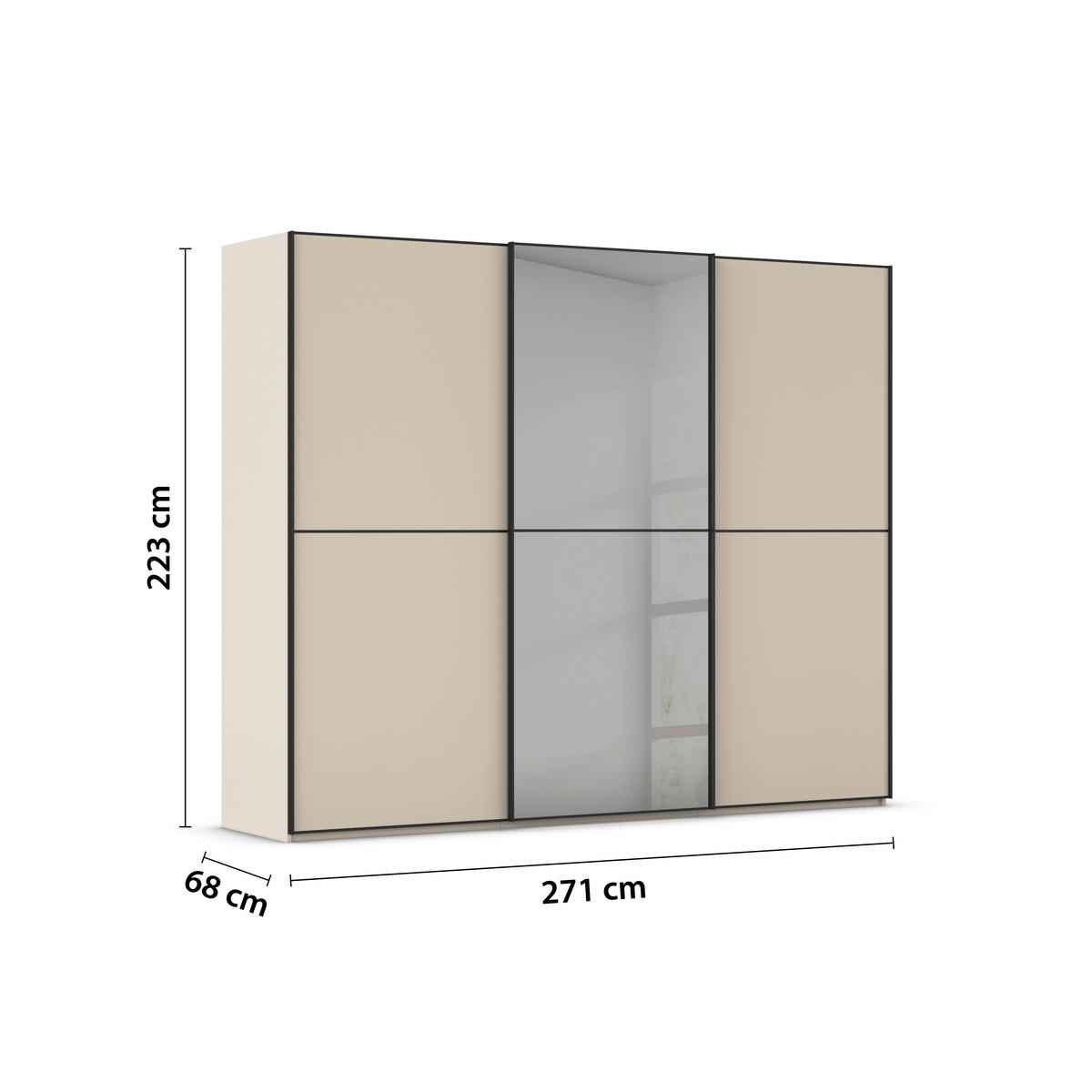 SCHWEBETÜRENSCHRANK 271/223/68 cm 3-türig Champagner, Schwarz  - Champagner/Schwarz, KONVENTIONELL, Glas/Holzwerkstoff (271/223/68cm) - Novel