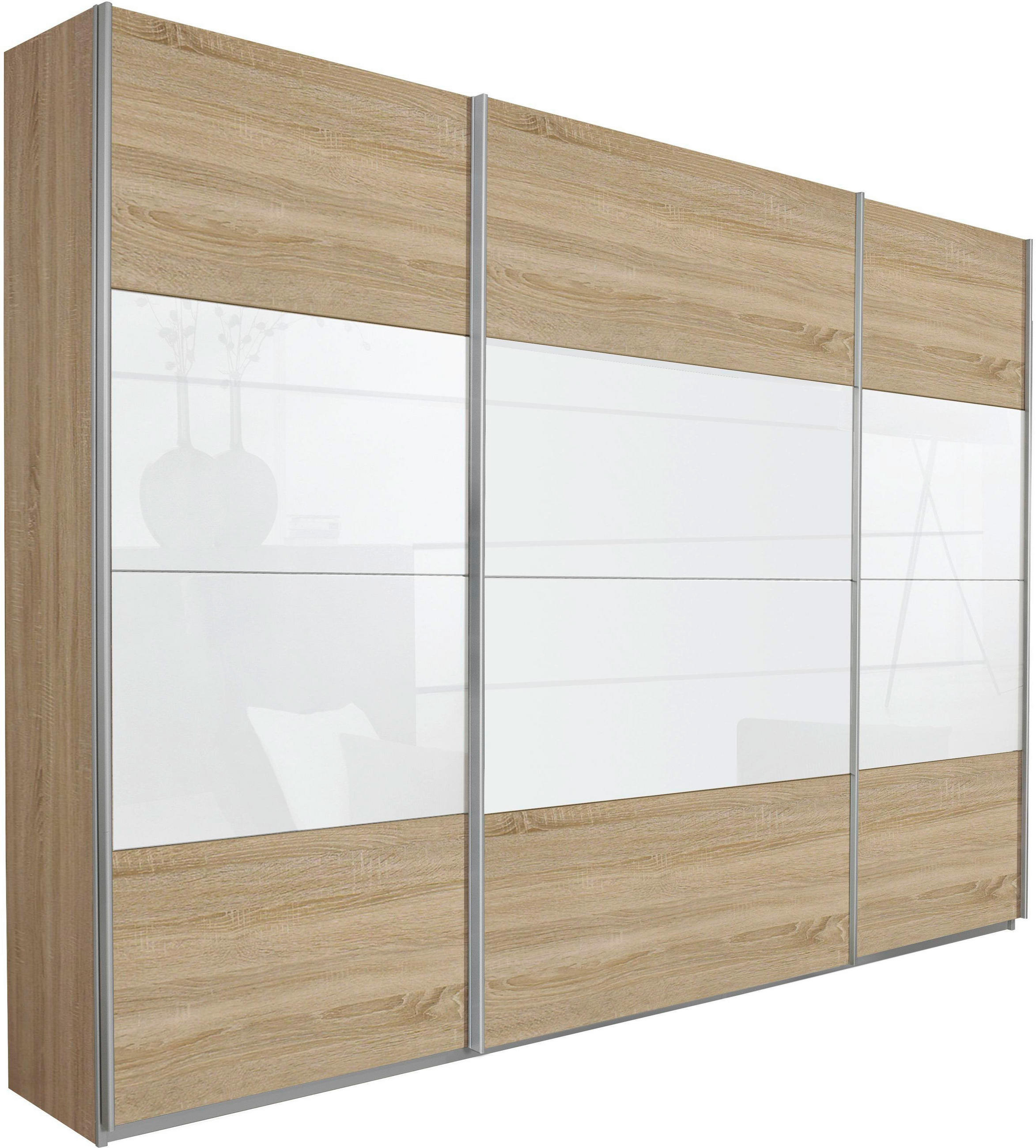 SCHWEBETÜRENSCHRANK in Weiss, Sonoma Eiche  - Weiss/Alufarben, Konventionell, Glas/Holzwerkstoff (315/229/62cm) - Xora