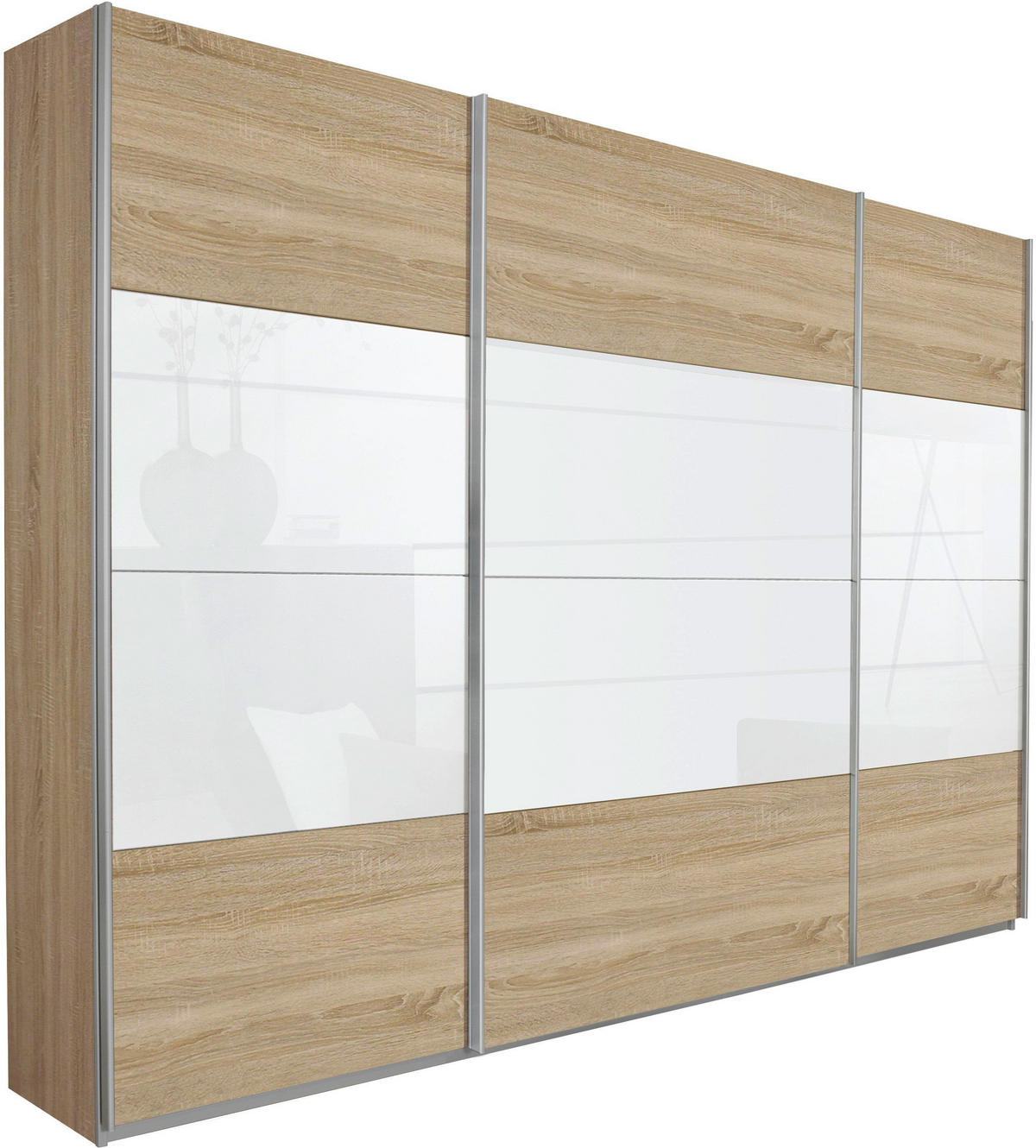SCHWEBETÜRENSCHRANK in Weiss, Sonoma Eiche  - Weiss/Alufarben, Konventionell, Glas/Holzwerkstoff (315/229/62cm) - Xora