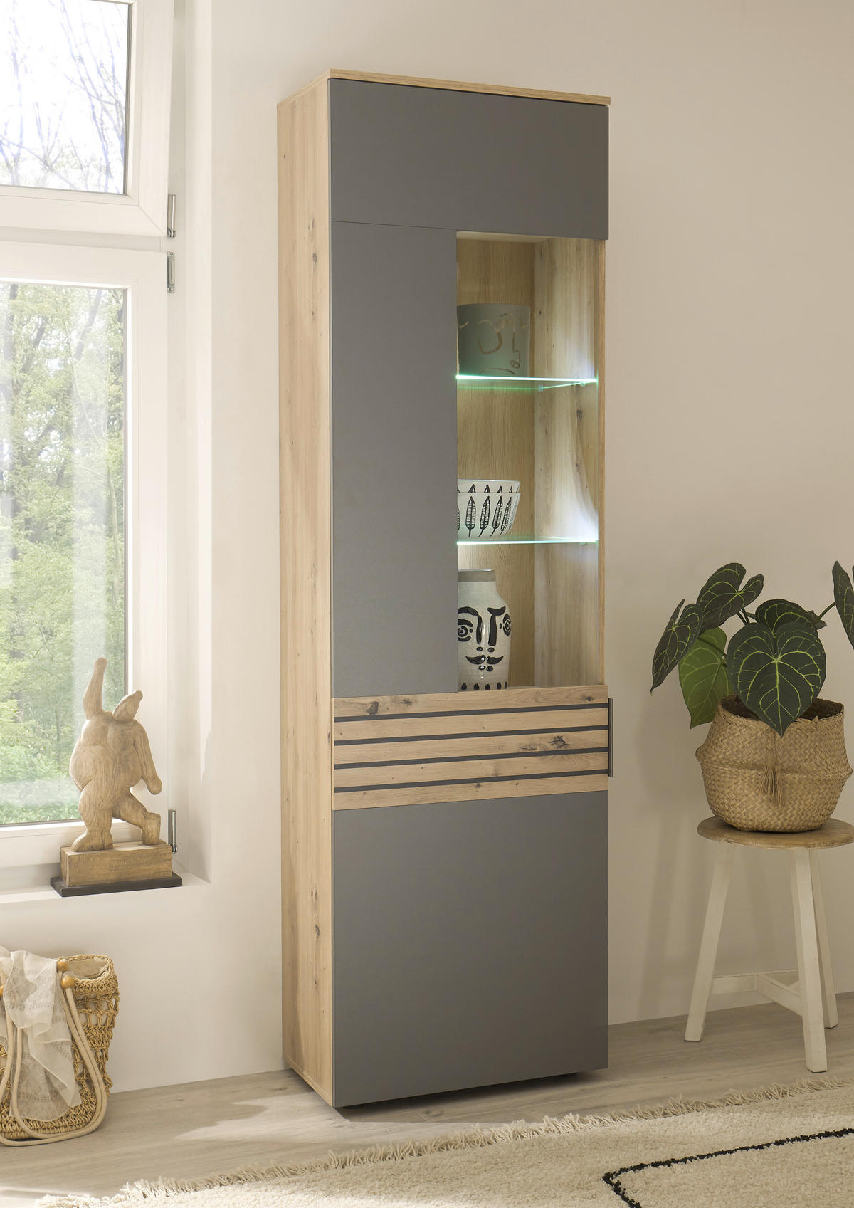 VITRINE in Eiche Artisan, Grau  - Schwarz/Eiche Artisan, Design, Glas/Holzwerkstoff (58/199,4/37cm) - MID.YOU