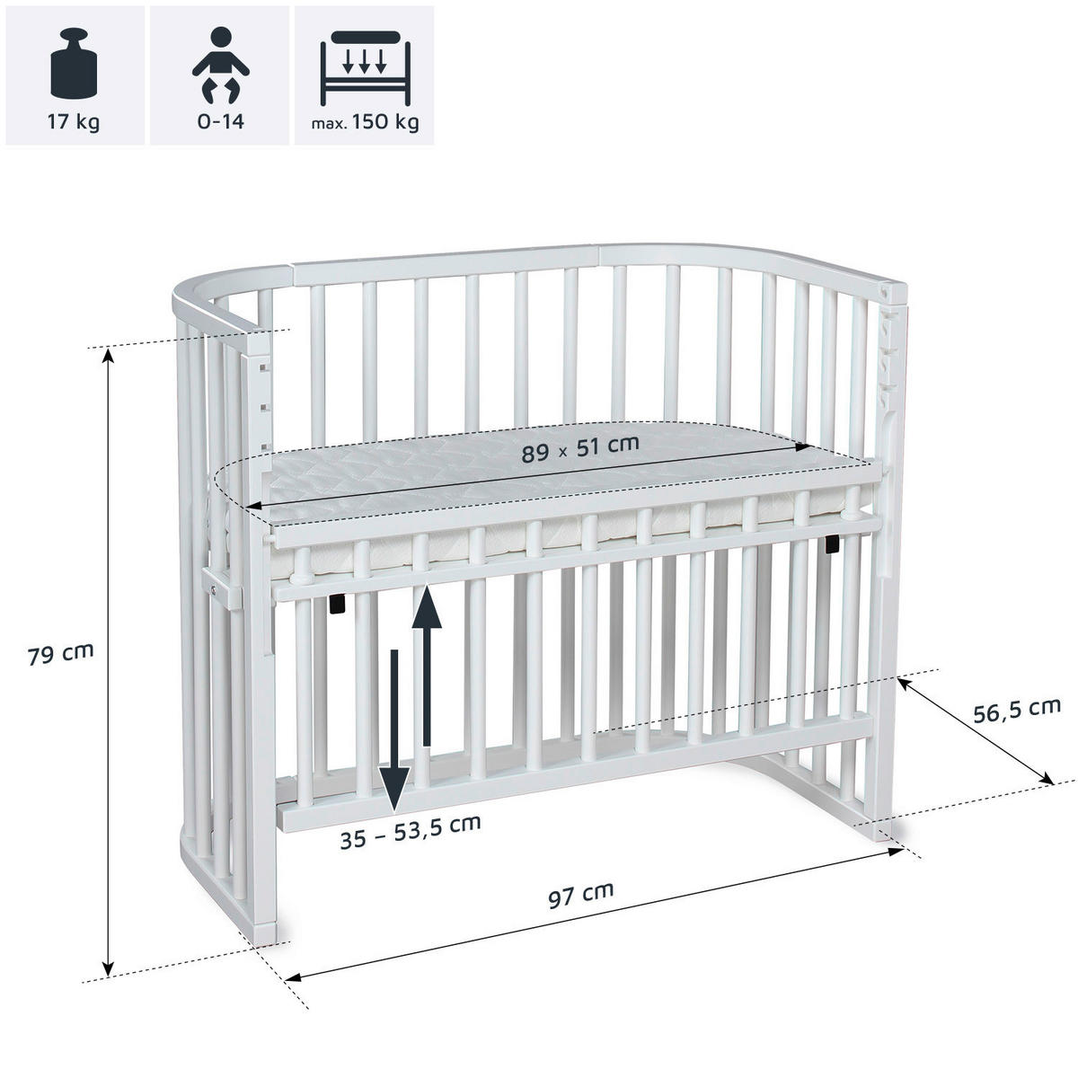 BEISTELLBETT MAXI COMFORT PLUS 96/56,5/79 cm  - Weiß, Basics, Holz (96/56,5/79cm) - Babybay