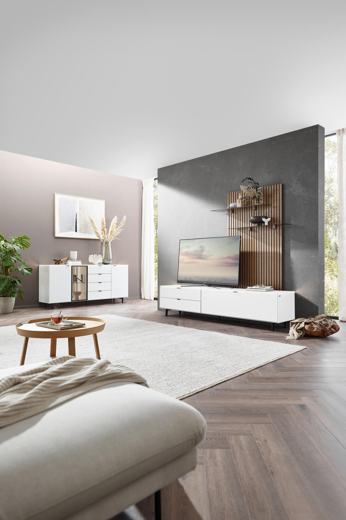 WOHNWAND  in Naturfarben, Weiss 216/149/46 cm  - Weiss/Naturfarben, Design, Glas/Holzwerkstoff (216/149/46cm) - Dieter Knoll