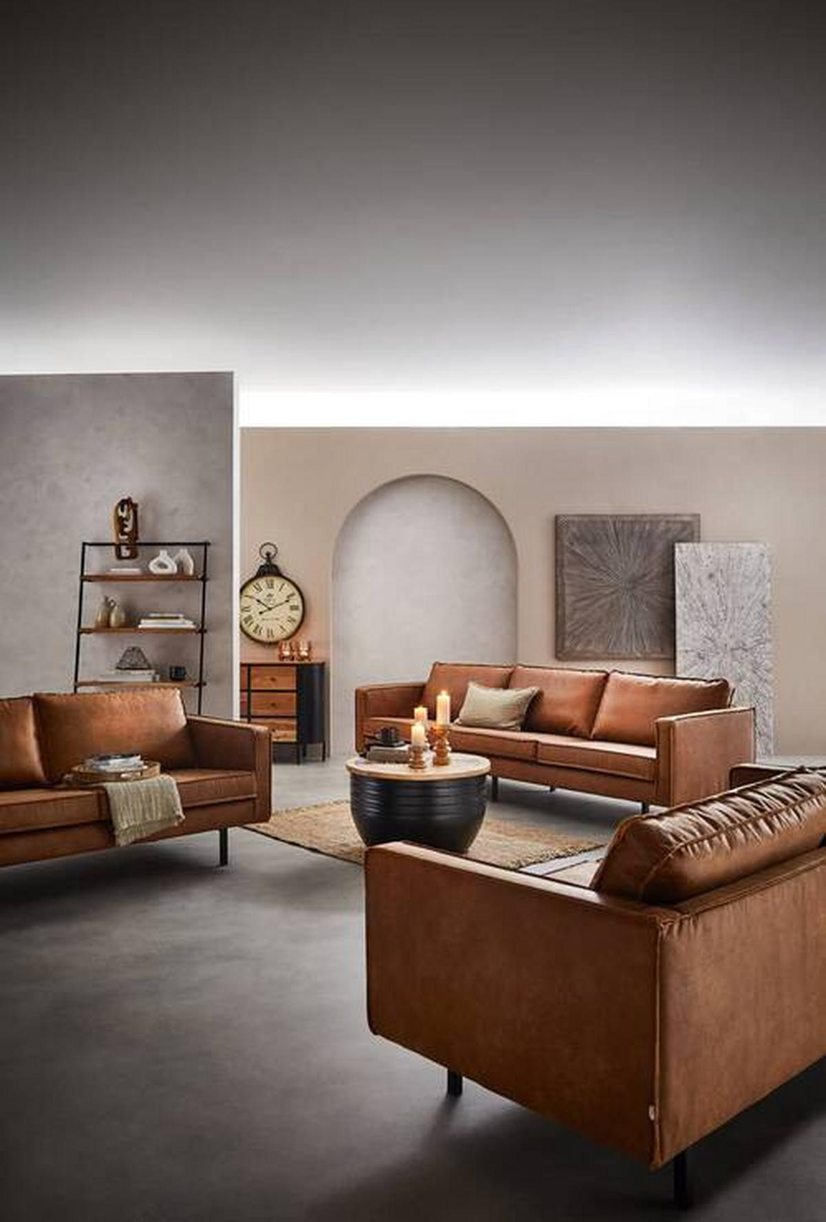 2,5-SITZER Kombination Echtleder/Stoff Mikrofaser Cognac  - Cognac/Schwarz, Design, Leder/Textil (190/85/86cm) - Ambia Home