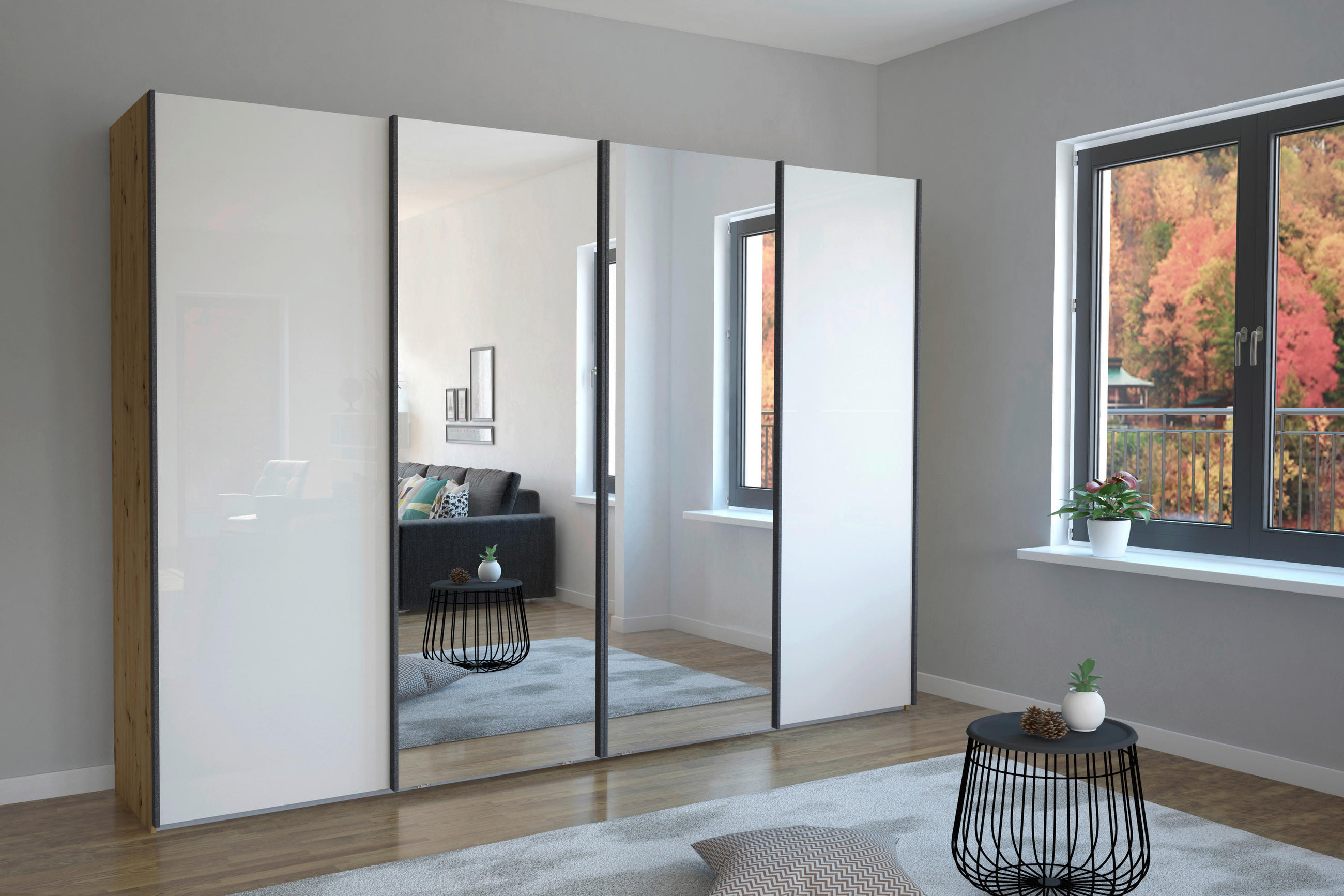 SCHWEBETÜRENSCHRANK in Weiss, Eiche Bianco  - Schieferfarben/Weiss, Konventionell, Glas/Holzwerkstoff (300/236/67cm) - Dieter Knoll