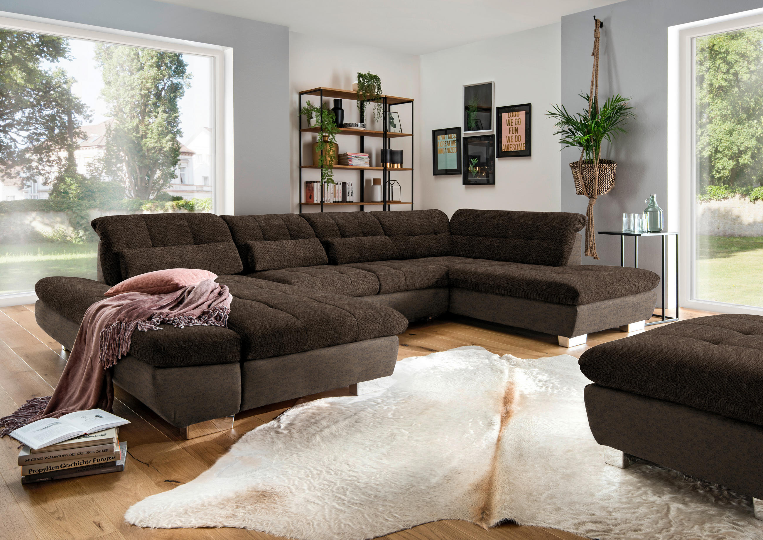 WOHNLANDSCHAFT in Mikrofaser Braun  - Chromfarben/Braun, Design, Kunststoff/Textil (204/350/211cm) - Xora