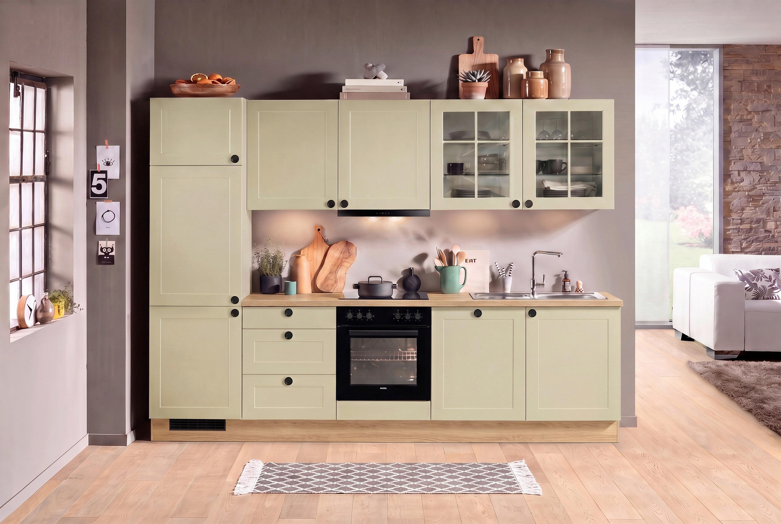 KÜCHENLEERBLOCK IP4250 300 cm  in Eichefarben, Salbeigrün  - Eichefarben/Salbeigrün, Basics, Holzwerkstoff/Metall (300cm) - Impuls
